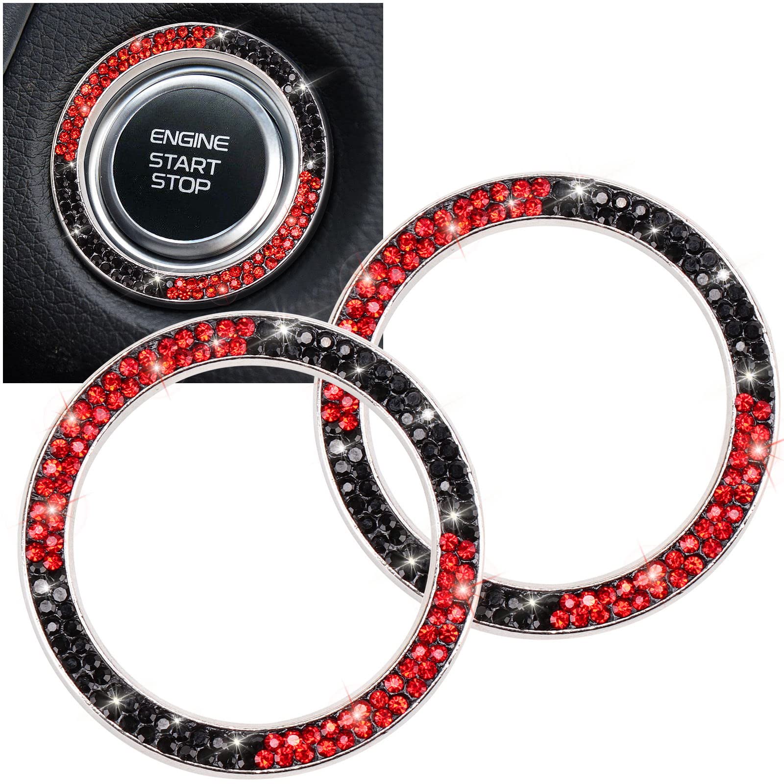 Tobequeen Black And Red Bling Push Button Start Ring Emblem Sticker,Crystal Rhinestone Interior Engine Start Stop Car Bling Ring