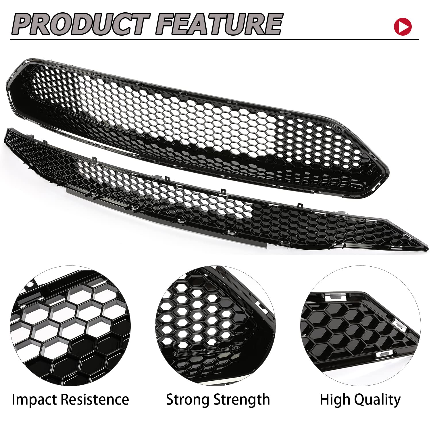 HECASA Upper + Lower Grille Compatible with 2018-2023 Ford Mustang Black Honeycomb Style Bumper Grill