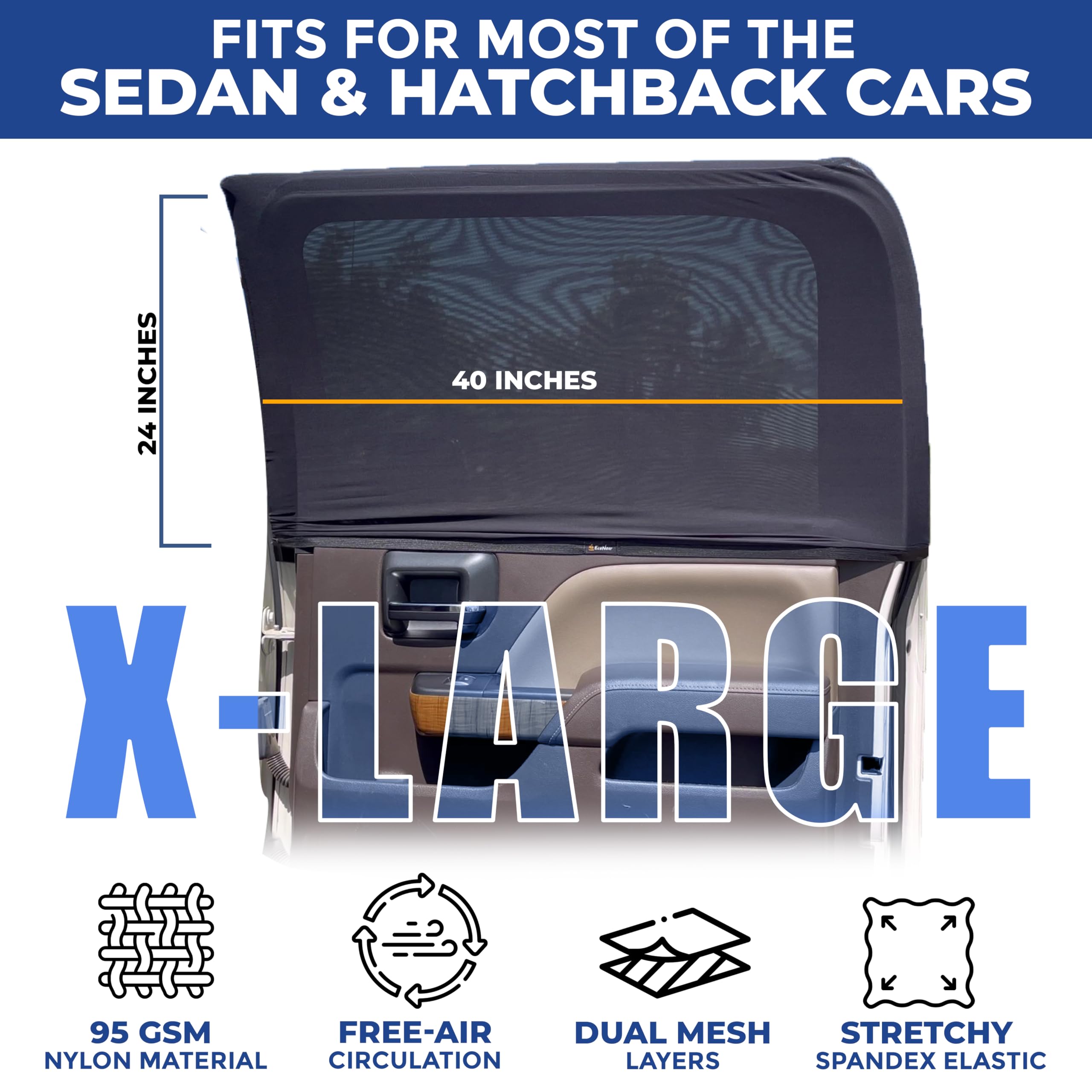 Econour Car Side Window Sun Shade (Pack Of 2) | Stretchable & Breathable Car Window Screens For Complete Sun & Privacy Protection | Fits Most Truck, Suv And Minivan (Xl 42 X 24)