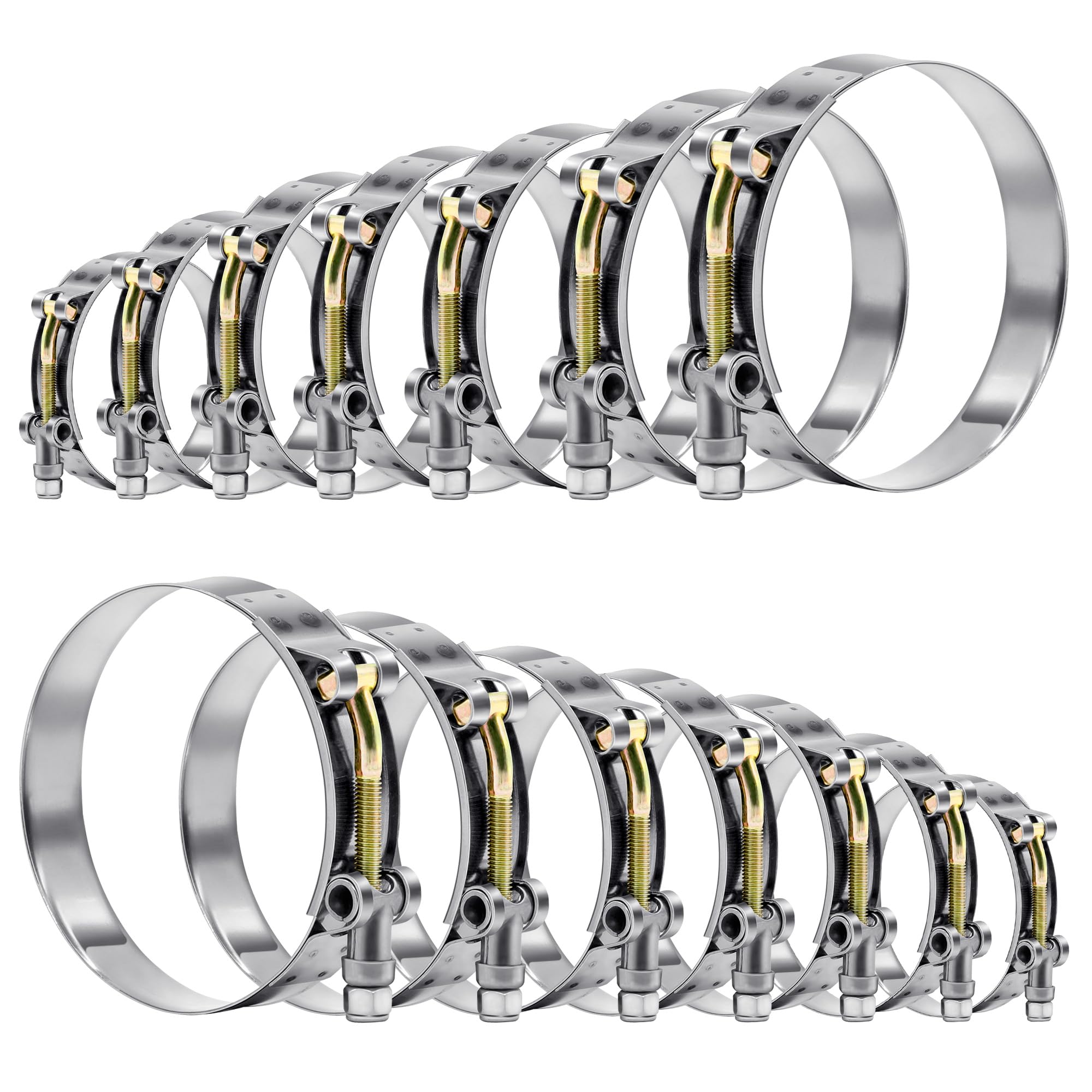 Wysiwyka 14 Pcs 7 Sizes T-Bolt Hose Clamps, 304 Stainless Steel Turbo Intake Intercooler Clamp,Working Range 32-91Mm For 1-3' Hose Id, Radiator Hose Clamps Assortment Set