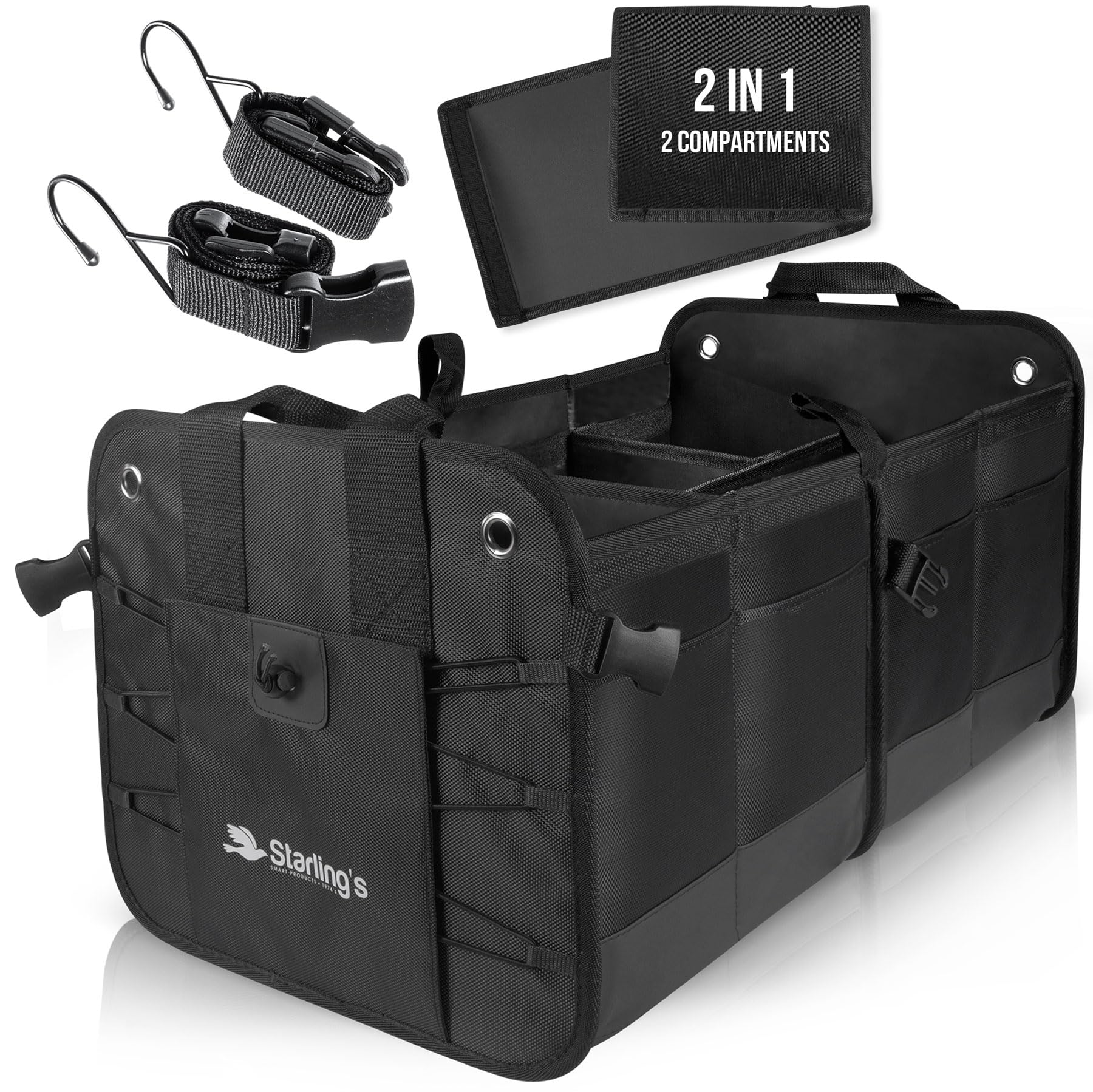 Starlings Car Trunk Organizer for SUV, Auto, Truck and Crossover | Box Trunk Organizer for Car Small with 2 Compartments and St