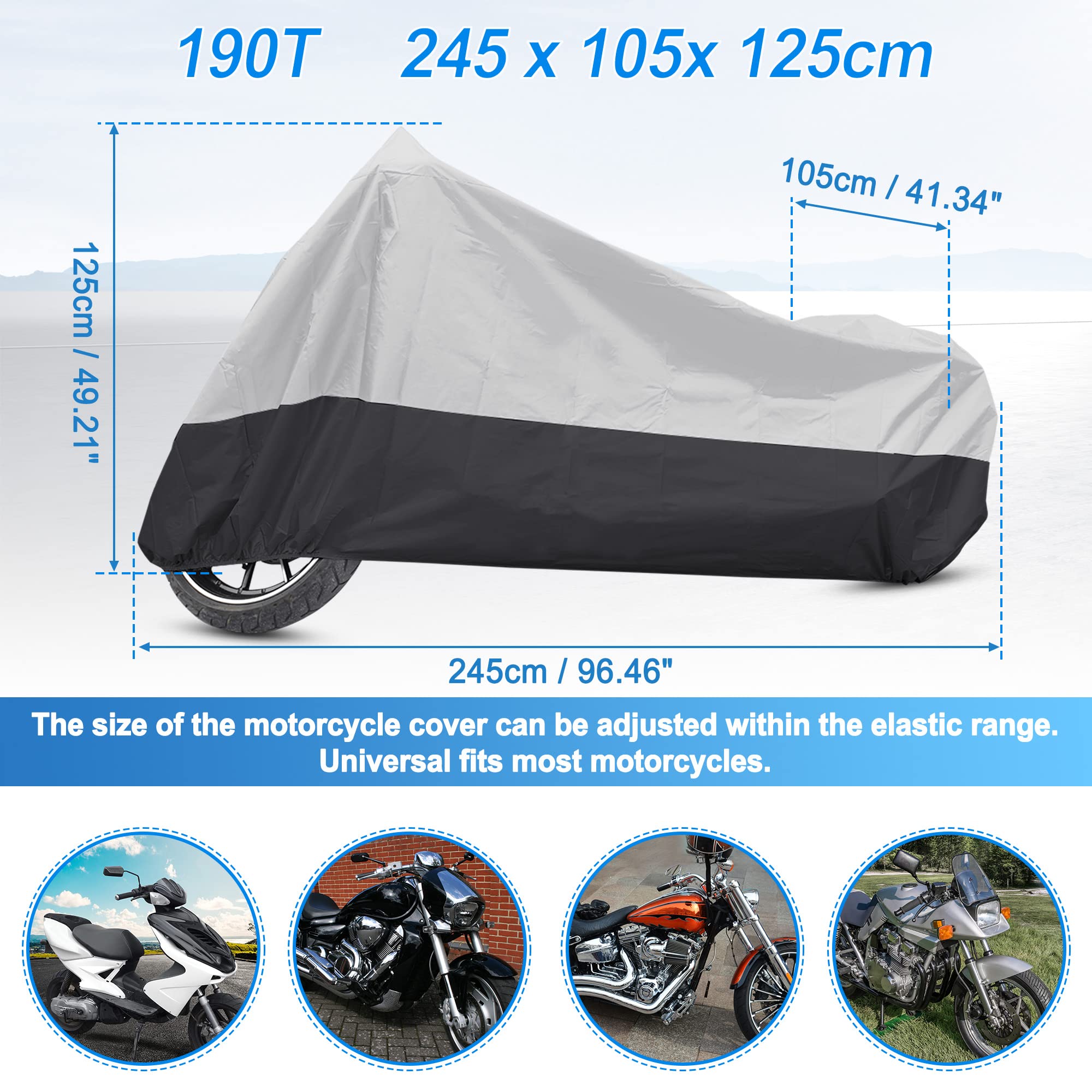 Uxcell Motorcycle Cover Bike All Season Waterproof Dustproof Protective Outdoor Motorbike Rain Cover 190T Xl Silver Tone Black F