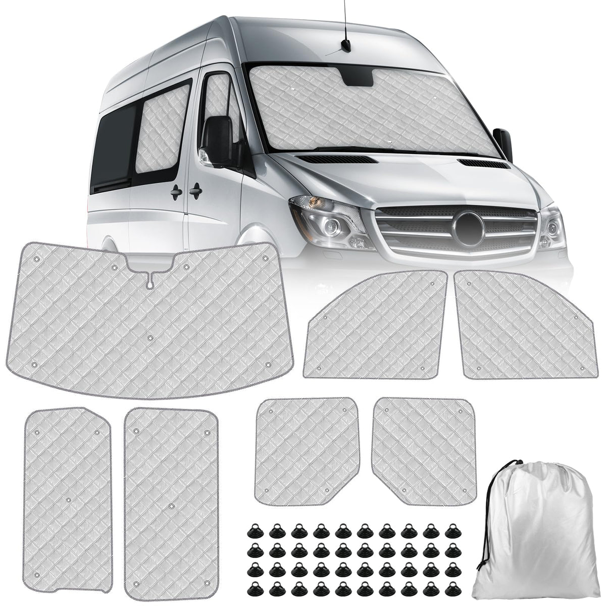Federedevo Sprinter Sun Shade 7-Piece Set 2019-2023 | Full Cabin Thermal Insulation Kit for LWB Vans | UV Blocker + Privacy Cove