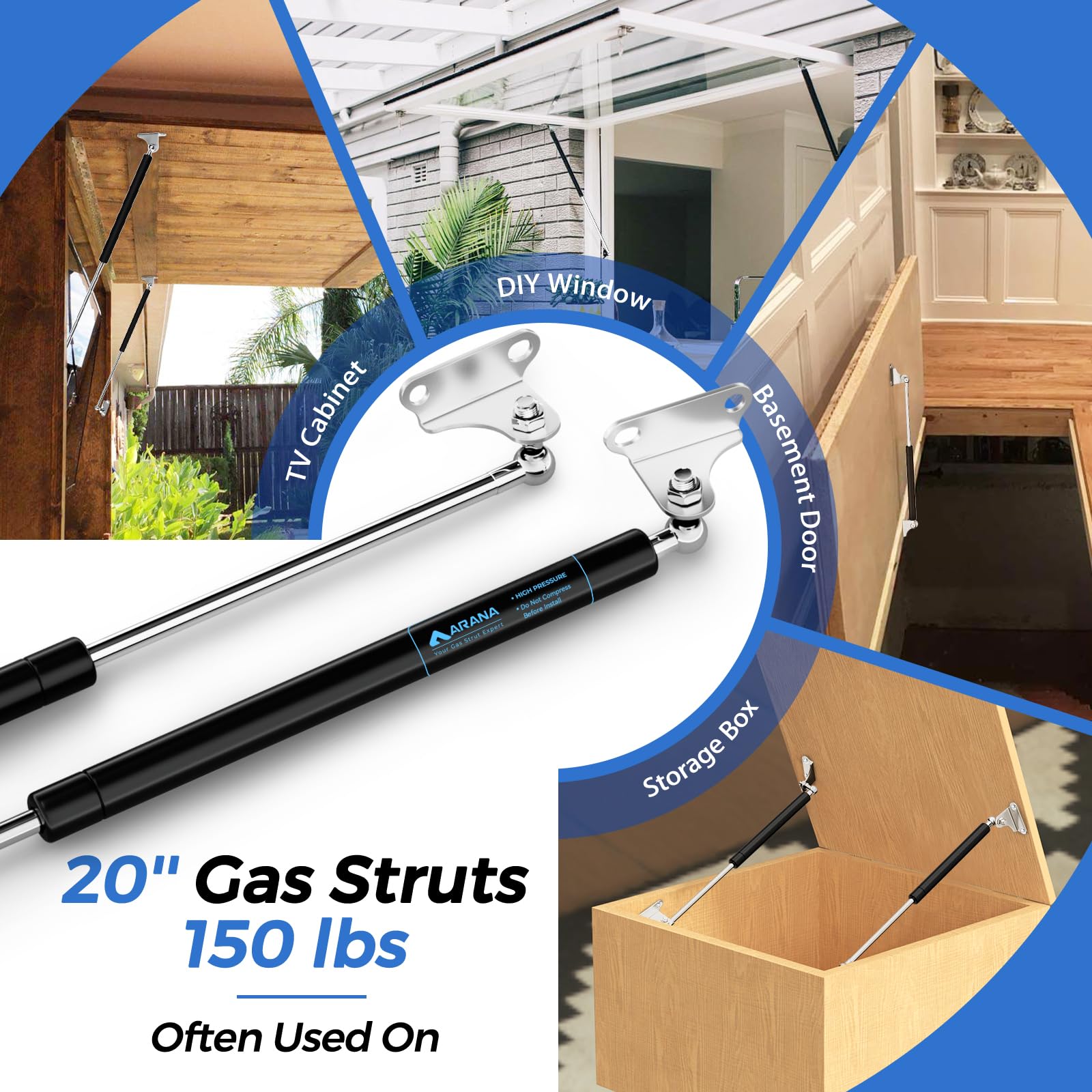 Arana 20 Inch 150 Lb Gas Prop Struts Shocks, 20'' 150Lbs Lift-Support Springs With L-Type Mounting Brackets For Heavy Duty Bed M