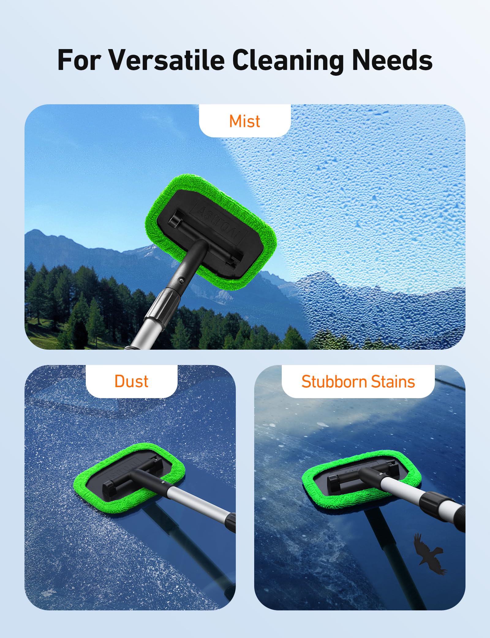 Astroai Windshield Cleaner, Microfiber Car Window Cleaner With 4 Reusable And Washable Microfiber Pads And Extendable Handle Aut