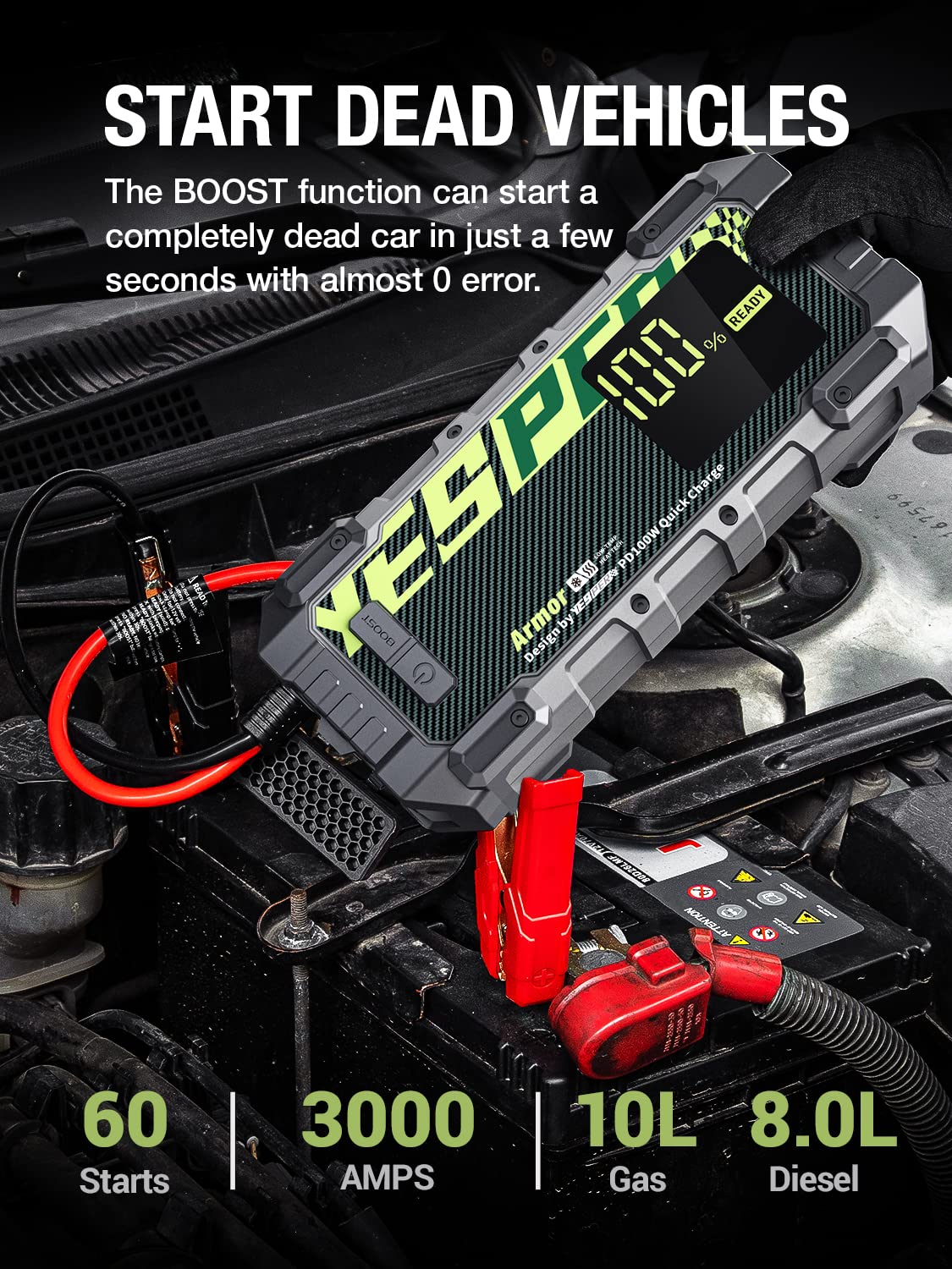 Yesper Car Jump Starter, 3000A Peak Portable Battery Jump Starter With Pre-Heat Tech(-40?F~140?F) 12V Car Battery Charger Jump S