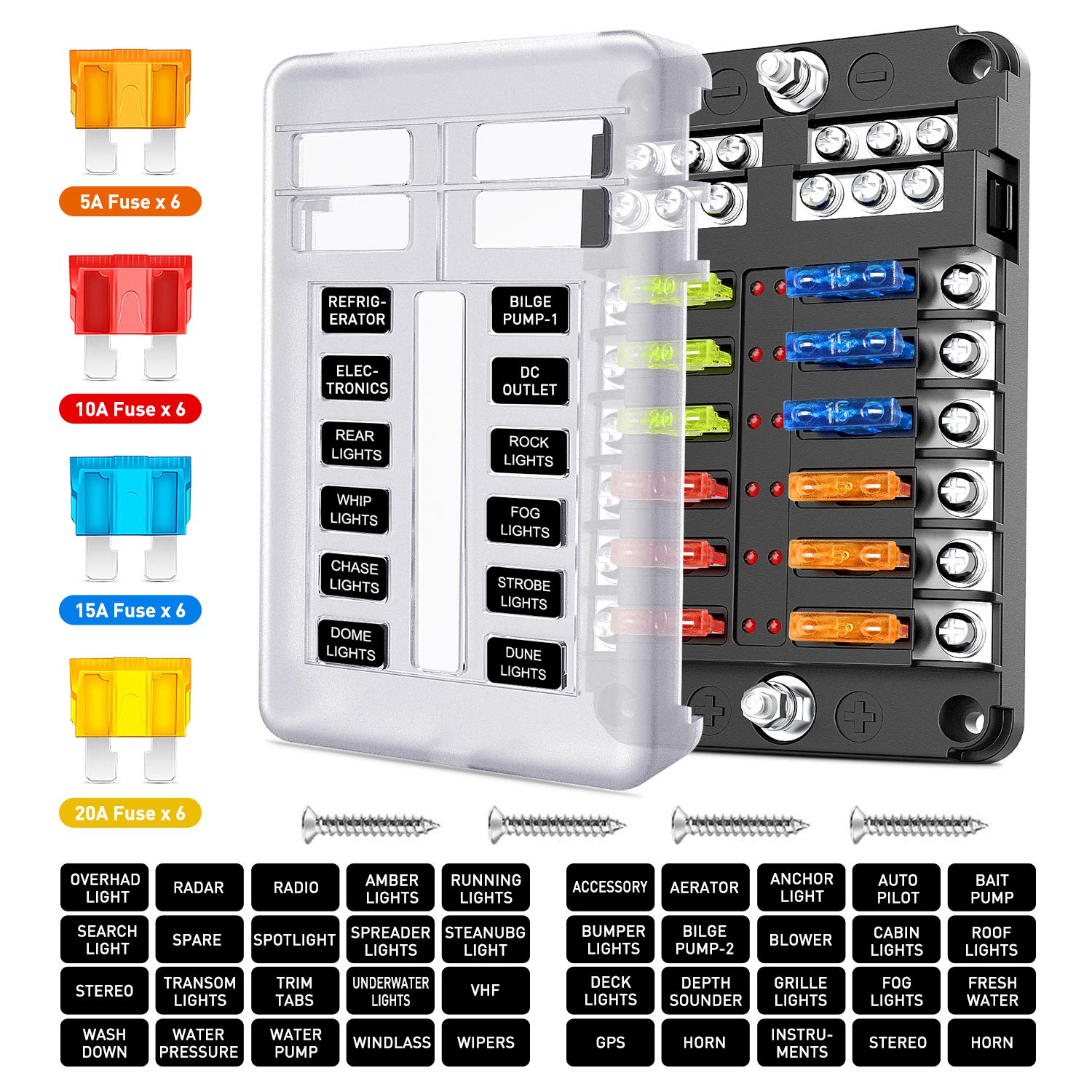 Nilight - 50056L 12 Way Blade Fuse Block 12 Circuits With Negative Bus Fuse Box Holder With Led Indicator Ato/Atc Fuse Panel Waterproof Cover For 12V Automotive Cars, Marine Boats, Rvs, Trailers