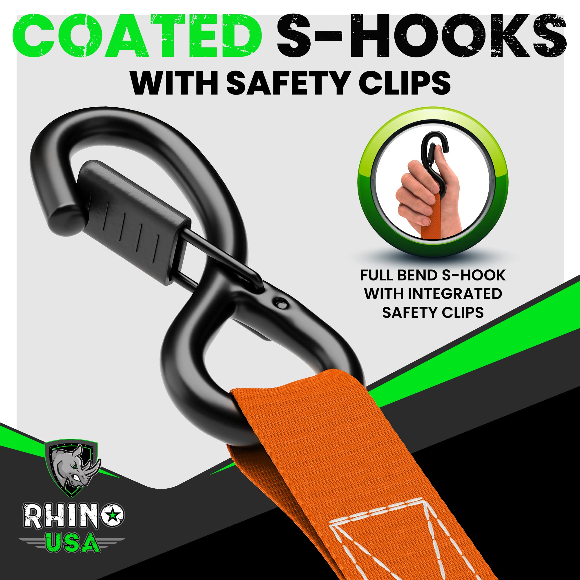 Rhino Usa Ratchet Tie Down Straps (4Pk) - 1,823Lb Guaranteed Max Break Strength, Includes (4) Premium 1 X 15' Rachet Tie Downs With Padded Handles. Best For Moving, Securing Cargo (Black 4-Pack)