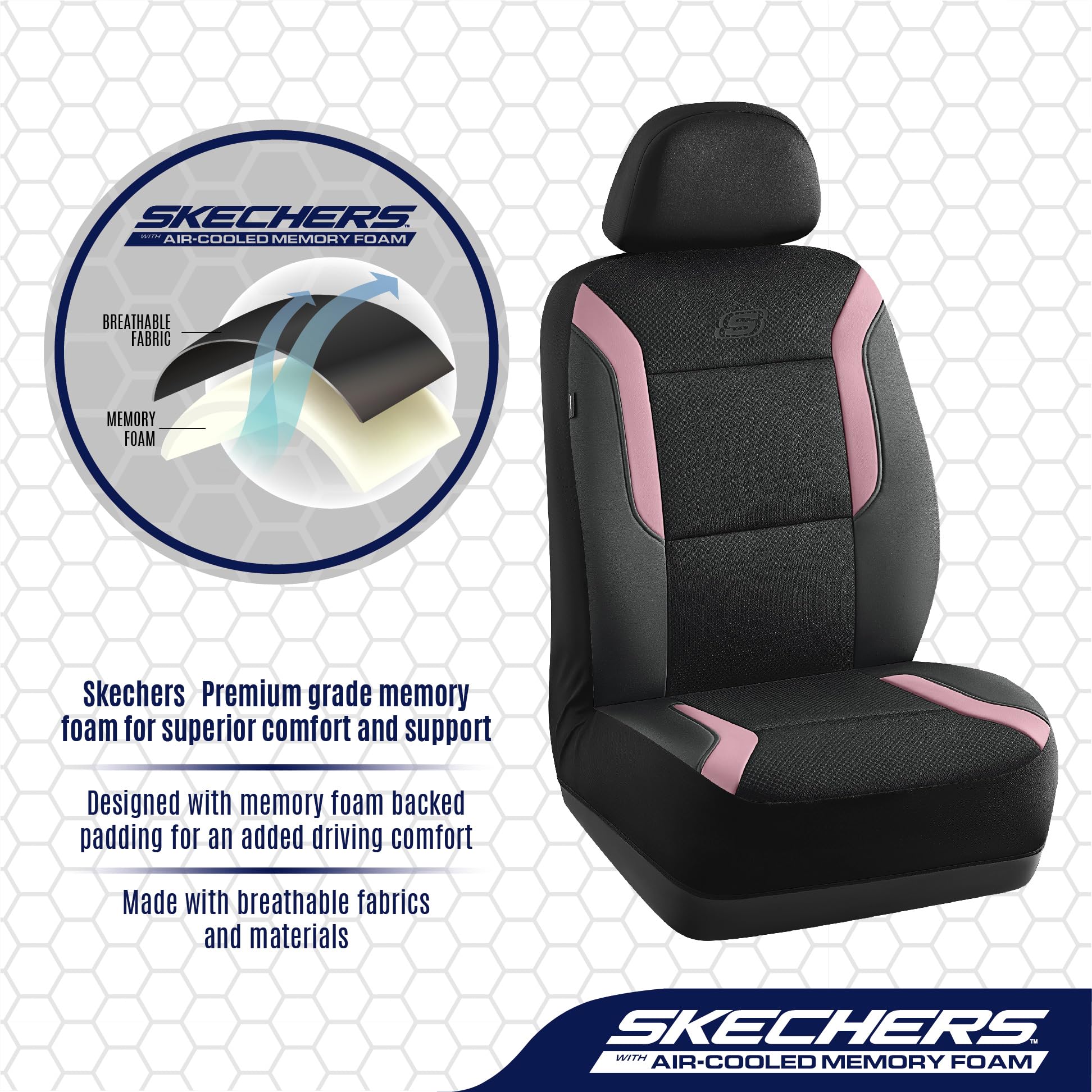 Skechers Memory Foam Car Seat Covers, Air Cool Mesh Thick Seat Covers, Two Front Seat Cover, Airbag Compatible, Automotive Comfo