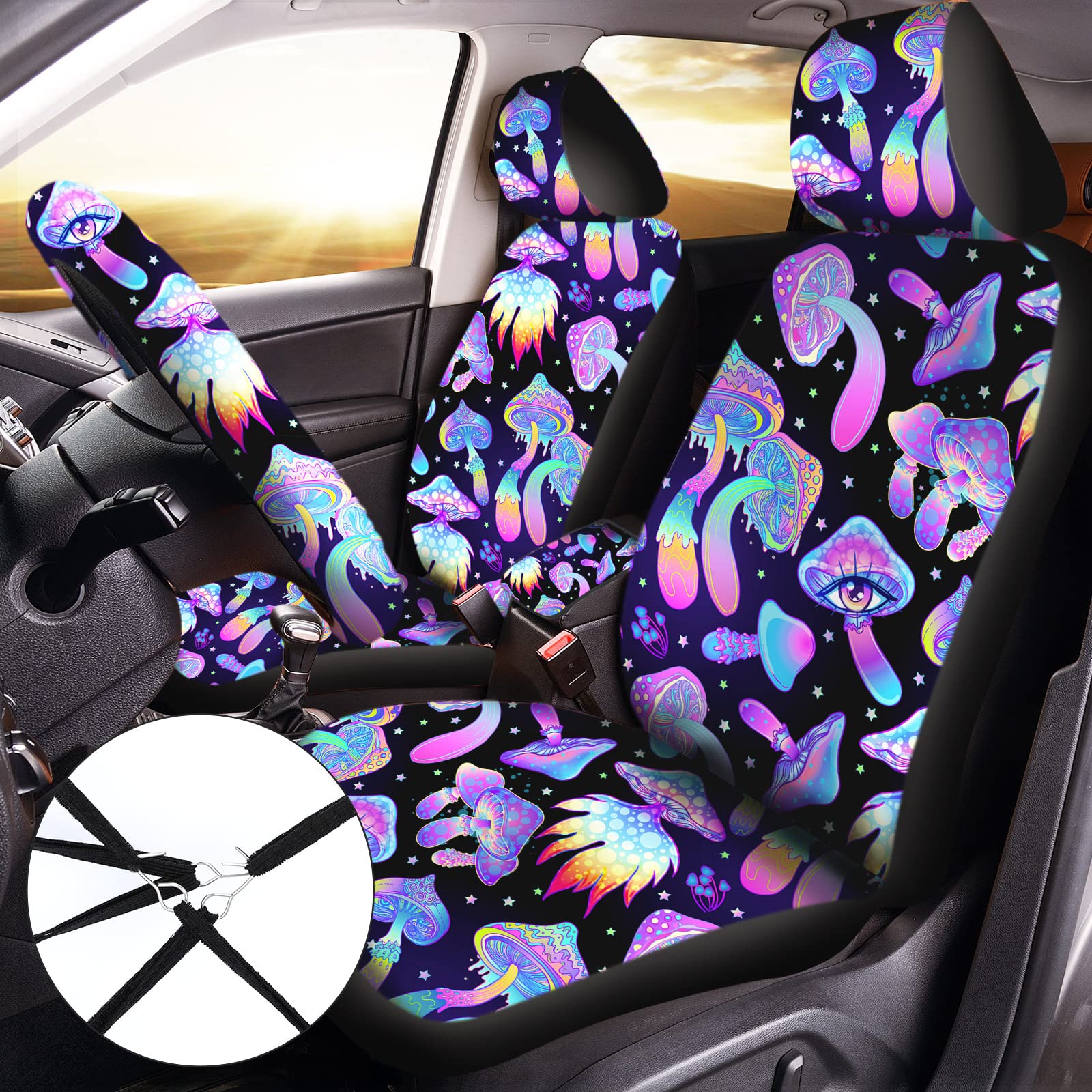 17 Pcs Mushroom Car Seat Covers Mushroom Car Accessories Full Set for Women Men Automotive Rear Front Seat Protector View Mirror