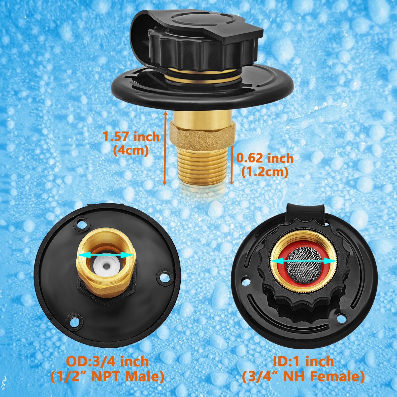 Rv City Water Inlet With Check Valve, 3/4 Nh Female To 1/2 Npt Male Black Flange Rv Fresh Water Inlet, Lead-Free Brass Rv Water Connection Inlet With Dust Plug For Rv Camper Motorhome Trailer Marine