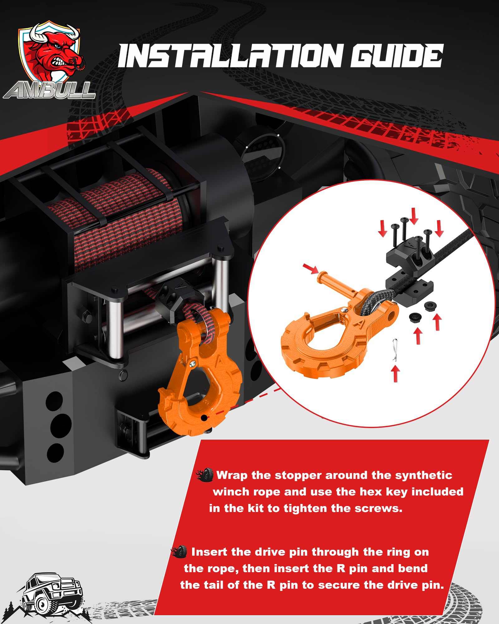 Ambull Heavy Duty Forged Steel 3/8'' Grade 70 Safety Latch Winch Cable Hook Stopper & Clevis Slip Hook Sets, Included Allen Wren