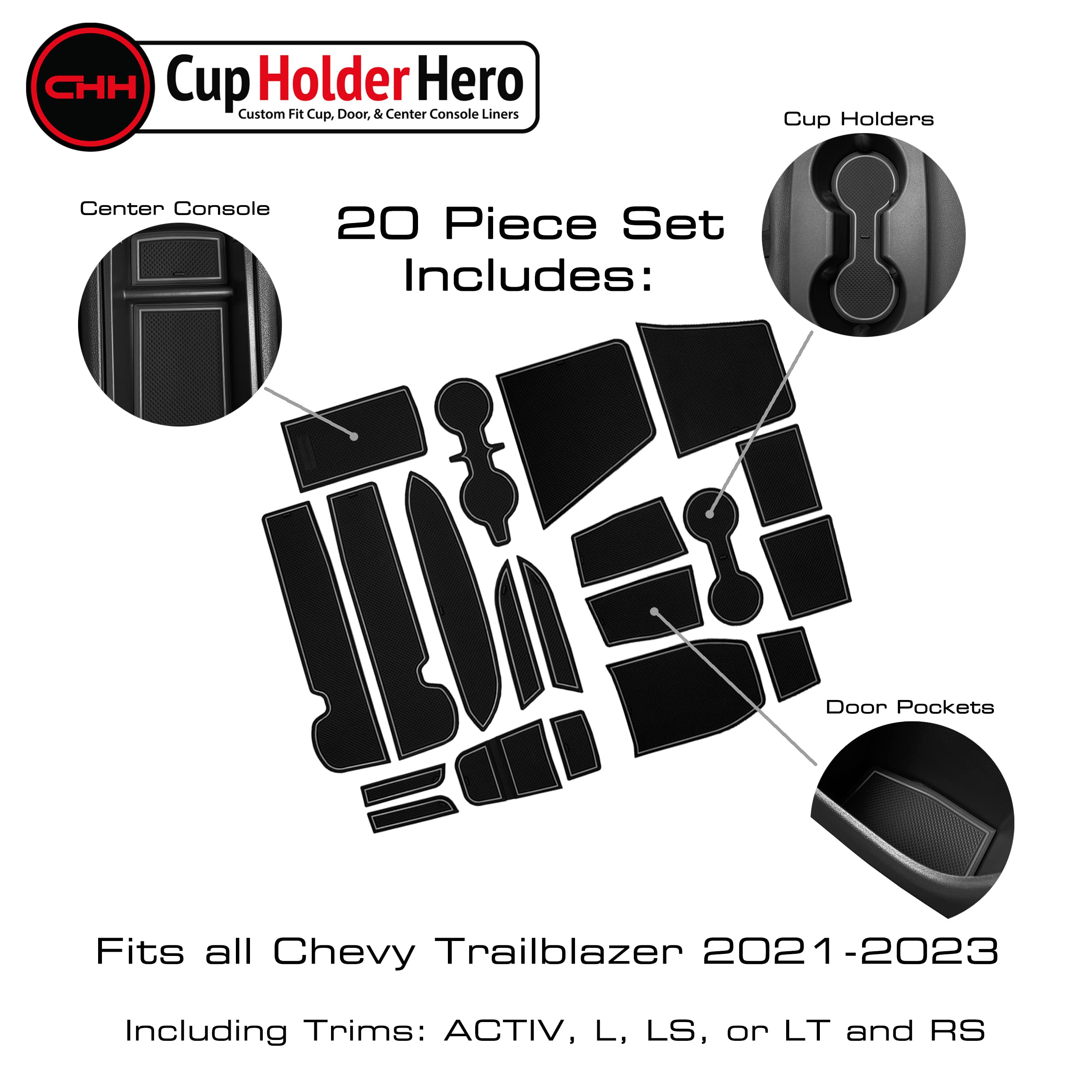 CupHolderHero fits Chevy Trailblazer Accessories 2021-2023 Premium Custom Interior Non-Slip Anti Dust Cup Holder Inserts, Center Console Liner Mats, Door Pocket Liners 20pc Set (Gray Trim)