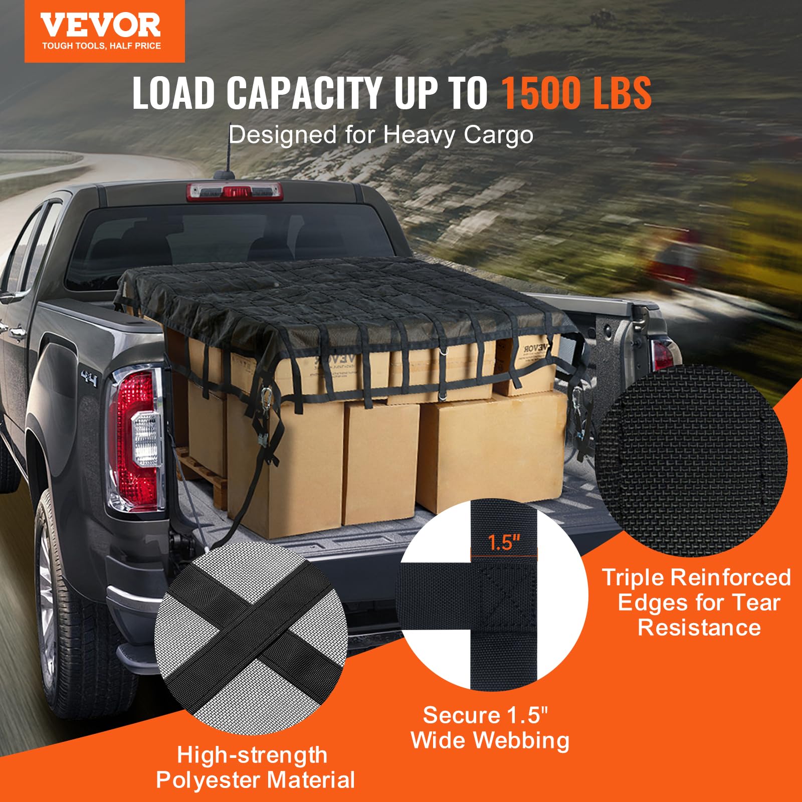 VEVOR Cargo Net with Mesh, 96 in x 81 in, Heavy Duty Truck Cargo Net-(WLL) 1,500lbs, 4 Adjustable Straps with Carabiners & S-Hoo