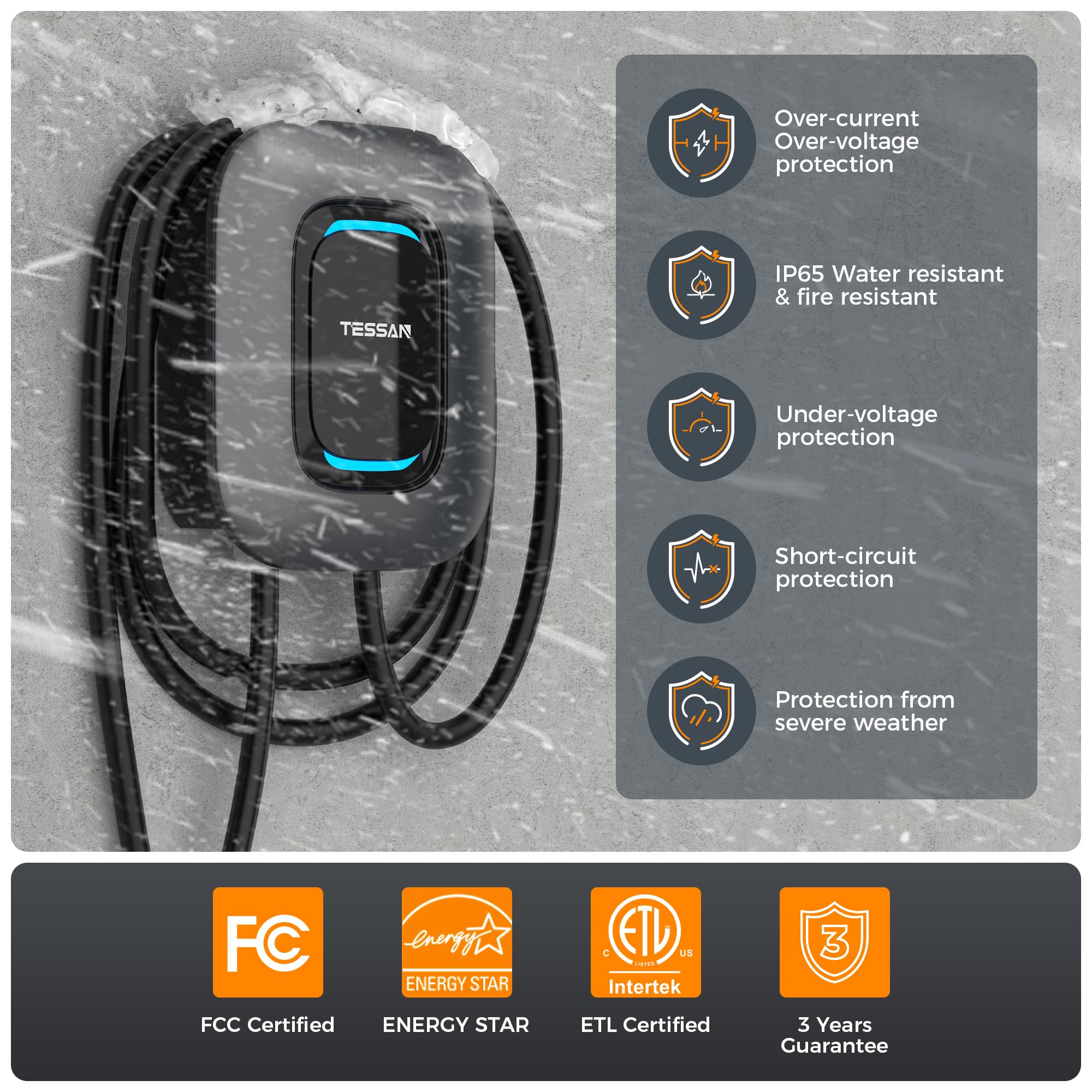 TESSAN EV Charger Level 2, 40A/240V Electric Vehicle Fast Charging Station for Home, Electric Car Charger Equipment 25ft Cable w