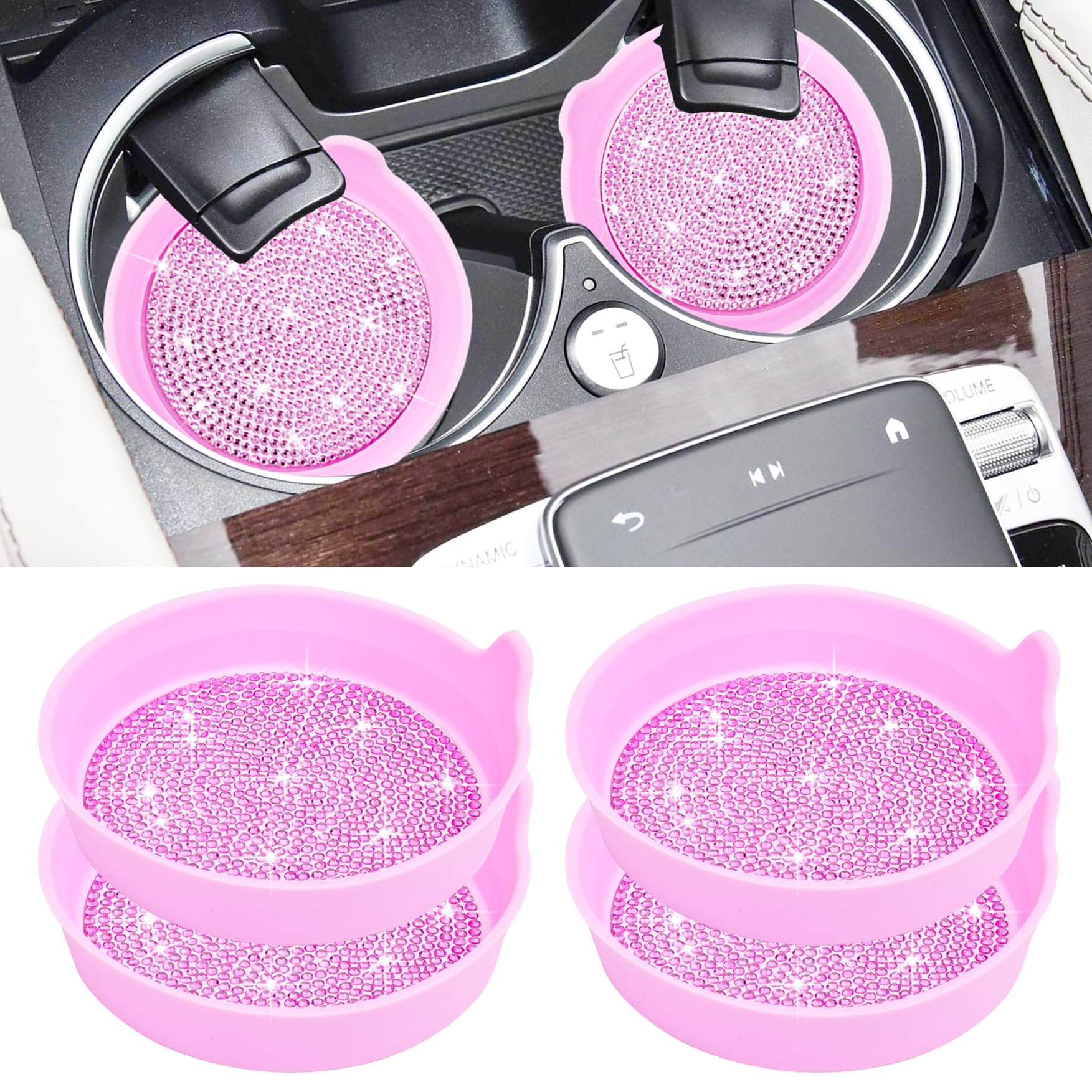 Amooca Car Cup Coaster Universal Non-Slip Cup Holders Bling Crystal Rhinestone Car Interior Accessories 4 Pack Pink Whole Rhines