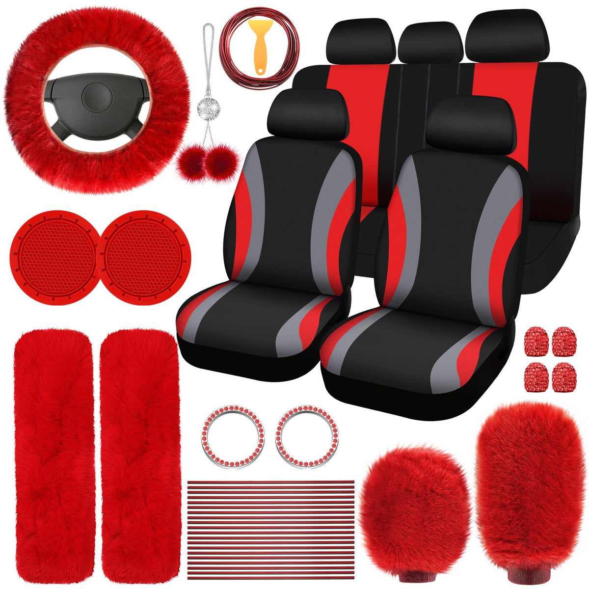 ROCEEI Seat Cover Set (43 Pcs) - Universal Fit Plush Car Accessories for Women - Includes Steering Wheel, Handbrake, Shift Cover