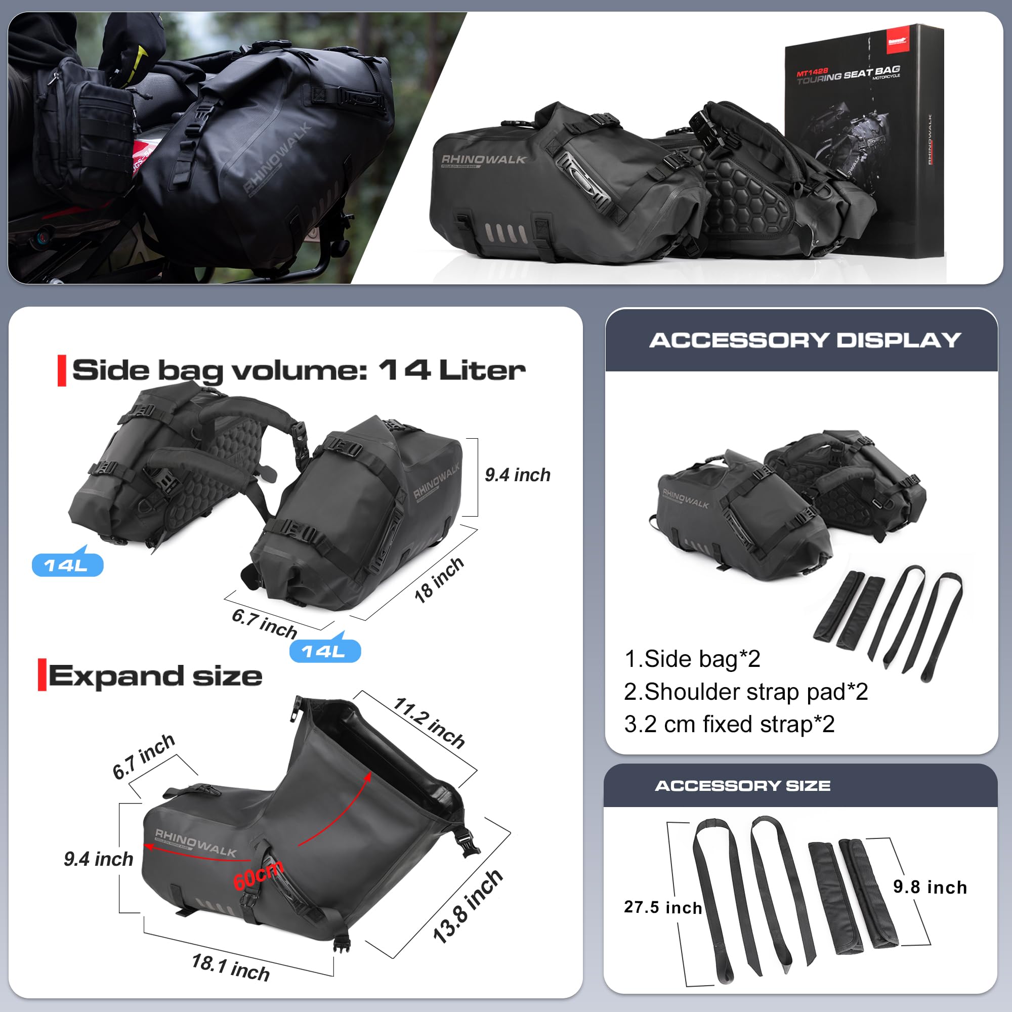 Rhinowalk Motorcycle Saddle bags, Waterproof motorcycle saddlebags, shoulder bag 48L(24L*2), for most Adventure and Sport Motorc