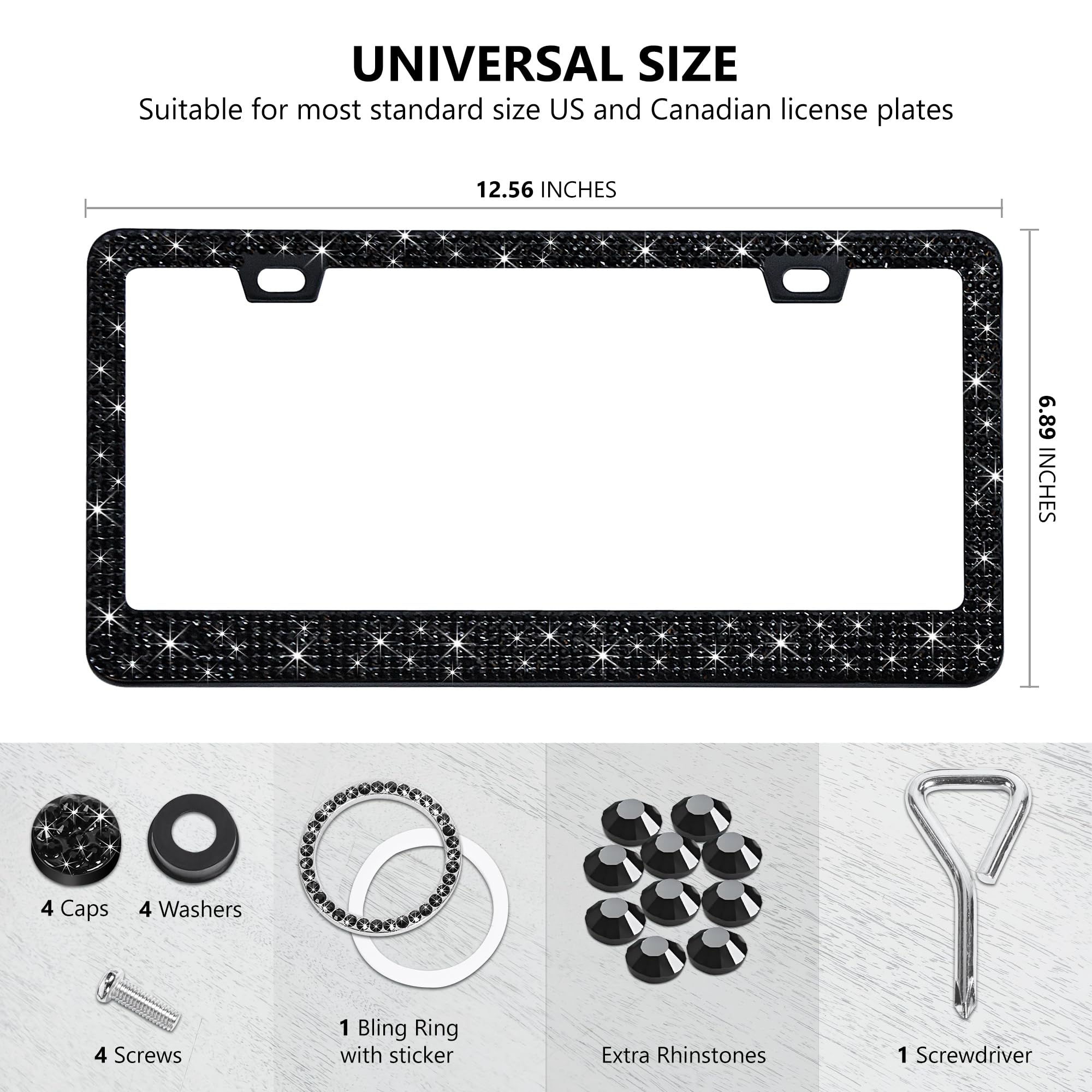 Motorfi 2 Pack Black Bling License Plate Frames For Women - Stainless Steel With Diamond Sparkly Rhinestone License Plate Holder