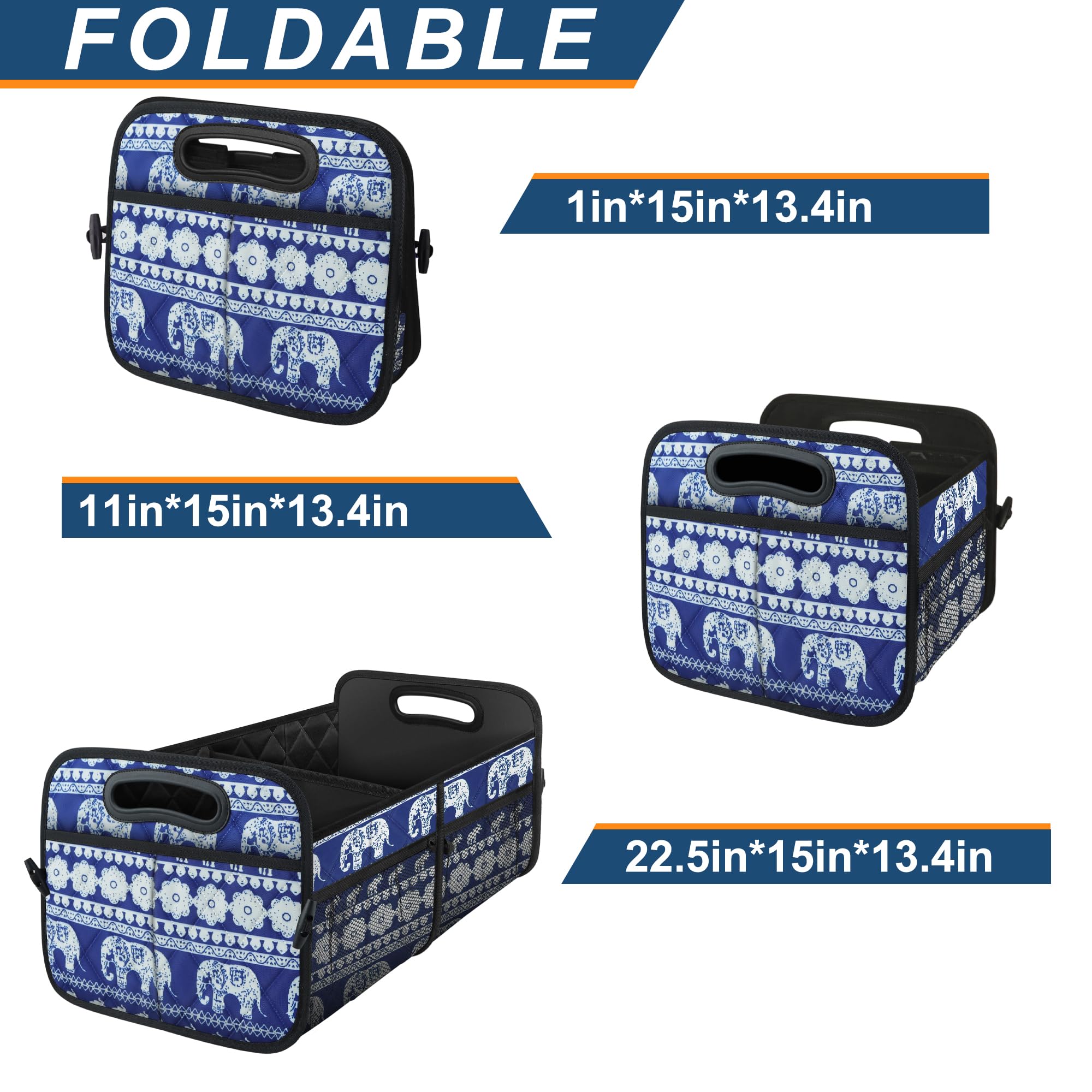 Deosk Collapsible Car Organizer with 6 Pockets, 50L Multi-Compartment Trunk Organizer, Accessories for Women/Men - Blue Elephant