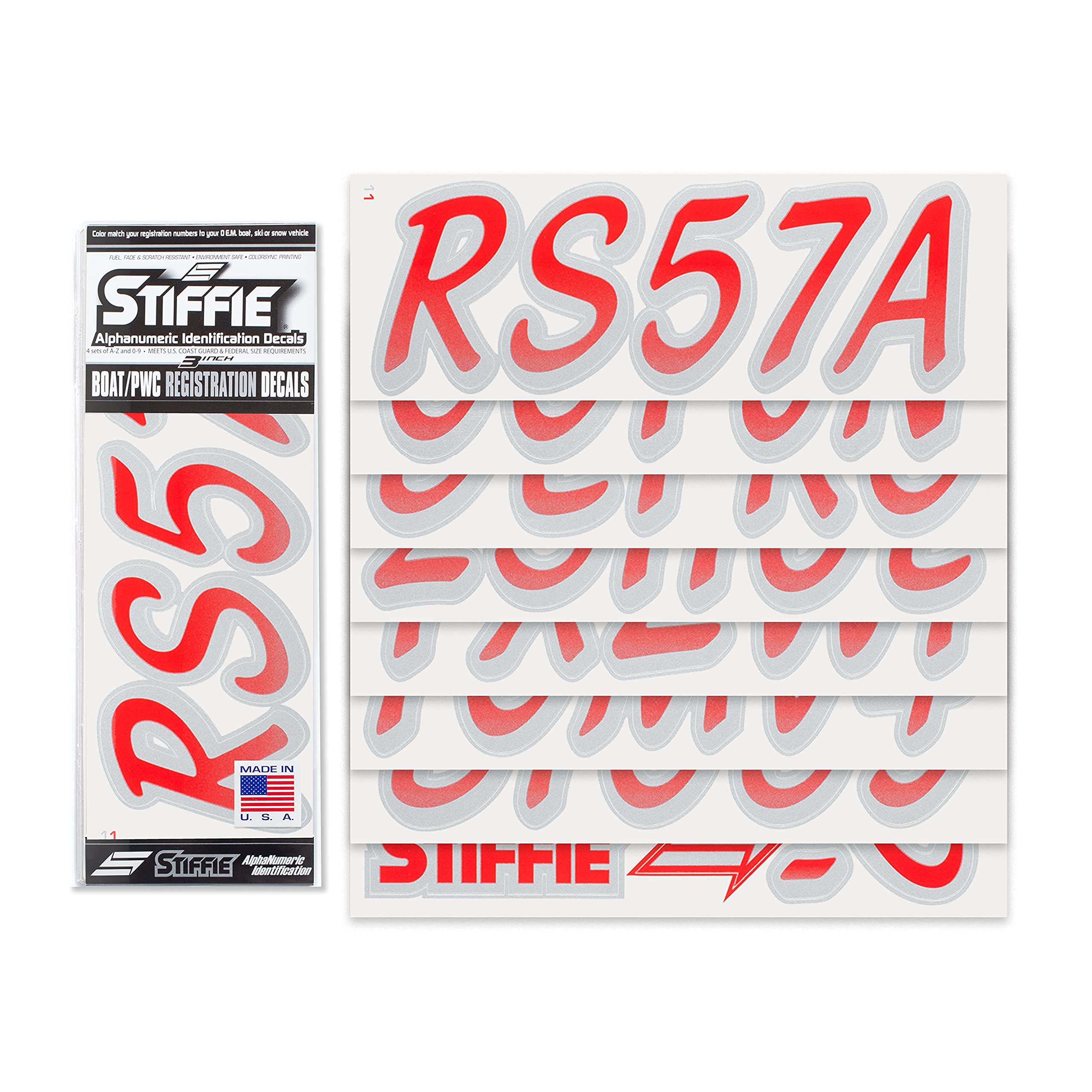 STIFFIE Whipline Red/Silver 3'' Boat & PWC Registration Decals  Numbers Letters Stickers