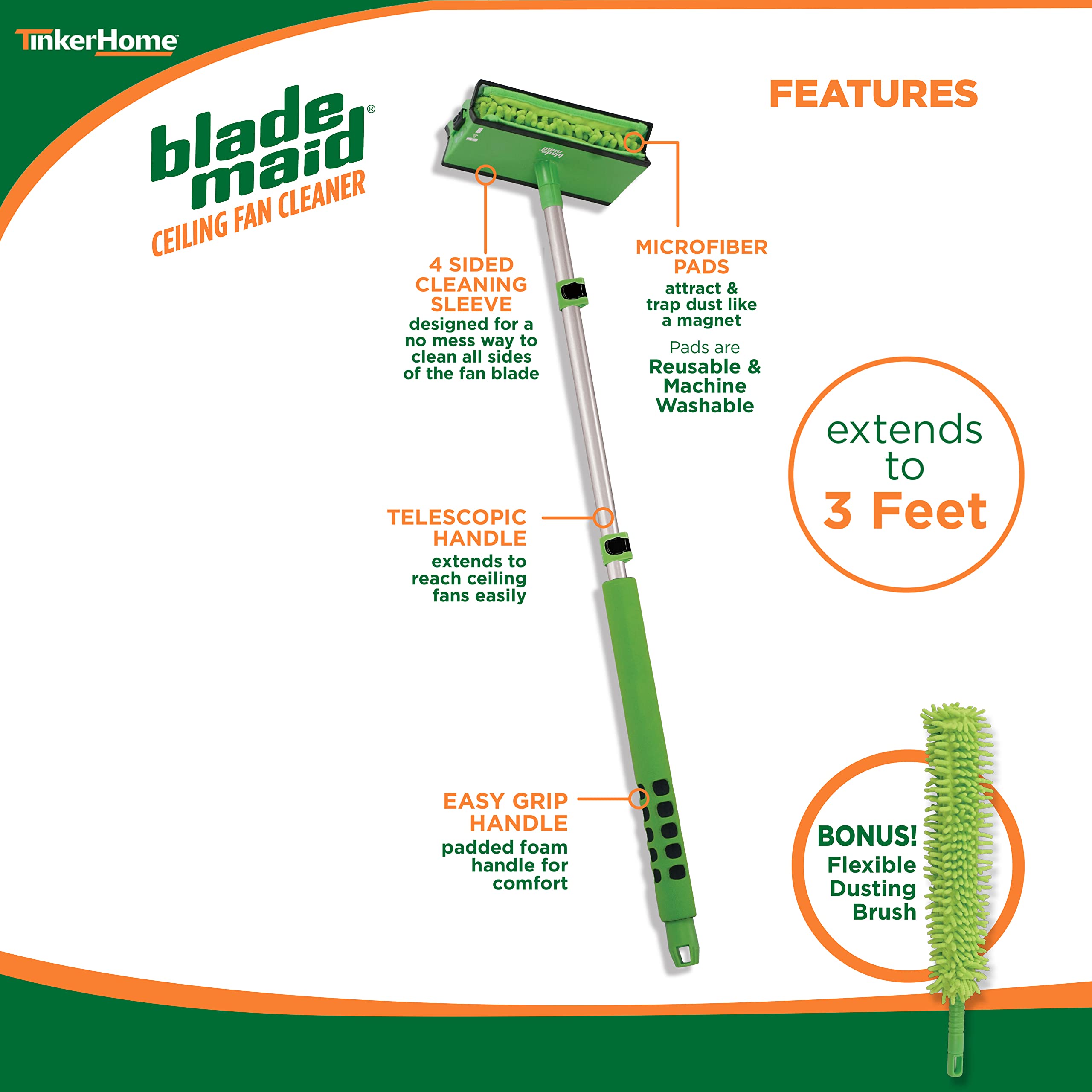 Blade Maid 3ft Ceiling Fan Blade Cleaner & Dusting Brush, Extendable Pole, Reusable Microfiber Pads, Wall Duster for High Ceilings