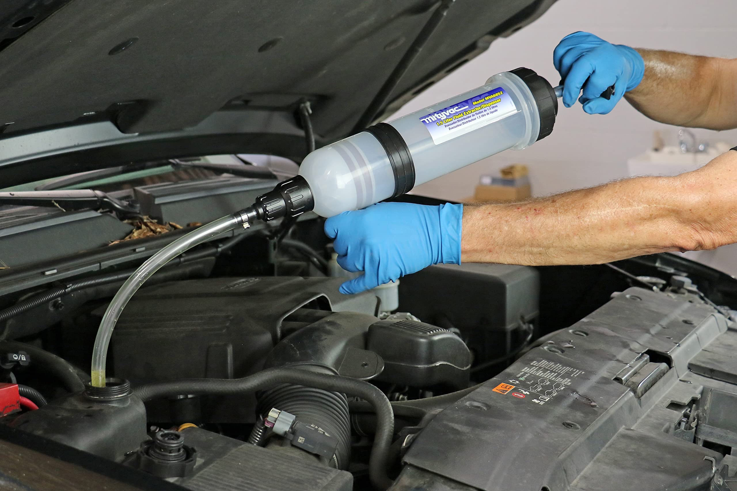 Mityvac MVA6852 1.5 Liter Fluid Evacuator Extractor and Dispensing Syringe, Twist-Valve, Dual-Seal Piston, MVA7218 Rubber ATF Adapter, for Master Cylinders, Transaxles, Power Steering and Coolant