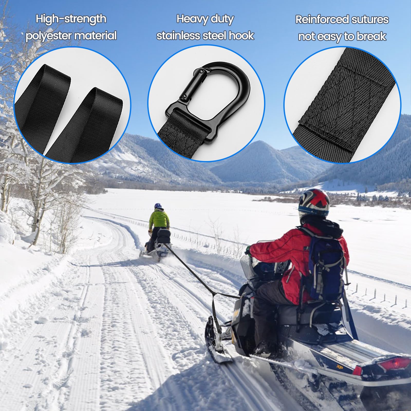 Botepon Snowmobile Tow Strap, 10ft Alloy Steel Hook Tow Rope, Quick Hook Up for Snowmobiles, ATVs, and Sleds