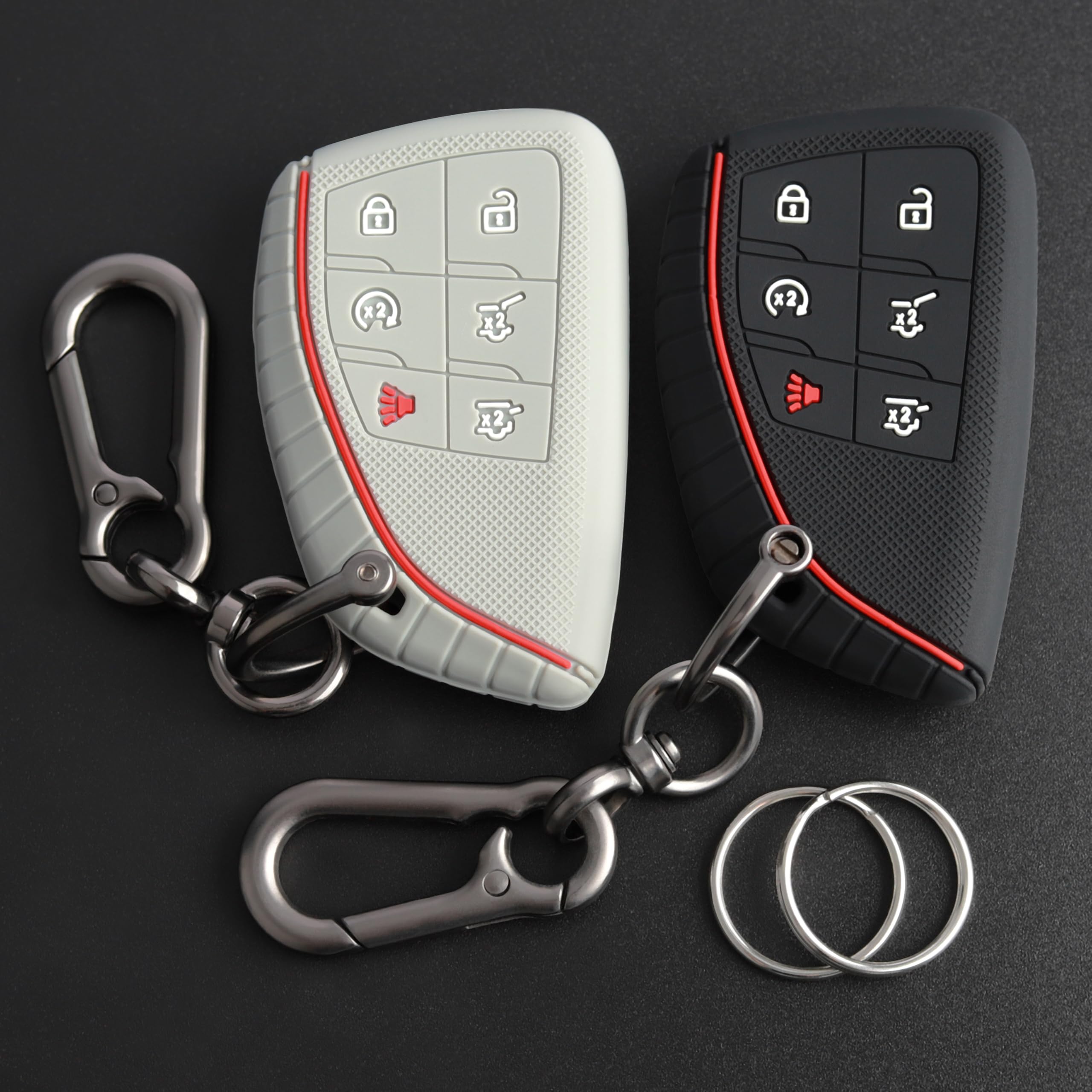 TANDRIVE Key Fob Cover for 2026 2025-2021 Chevy Tahoe Suburban GMC Yukon, 6 Button, Silicone, 2-Pack, Black and Gray