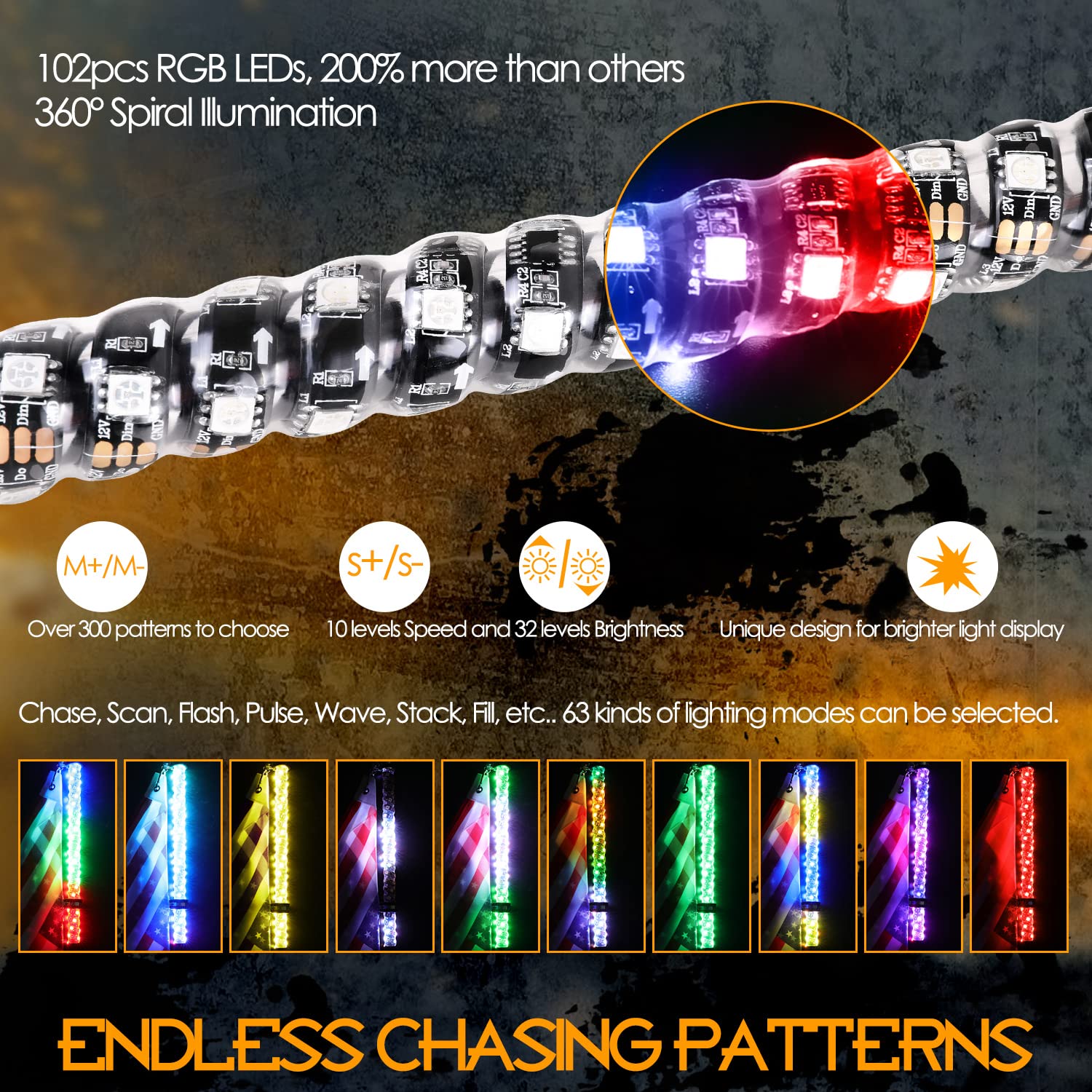 Nirider 2Ft Led Whip Lights With Flag Pole Remote Control Spiral Rgb Chase Light Offroad Warning Lighted Antenna Led Whips For U