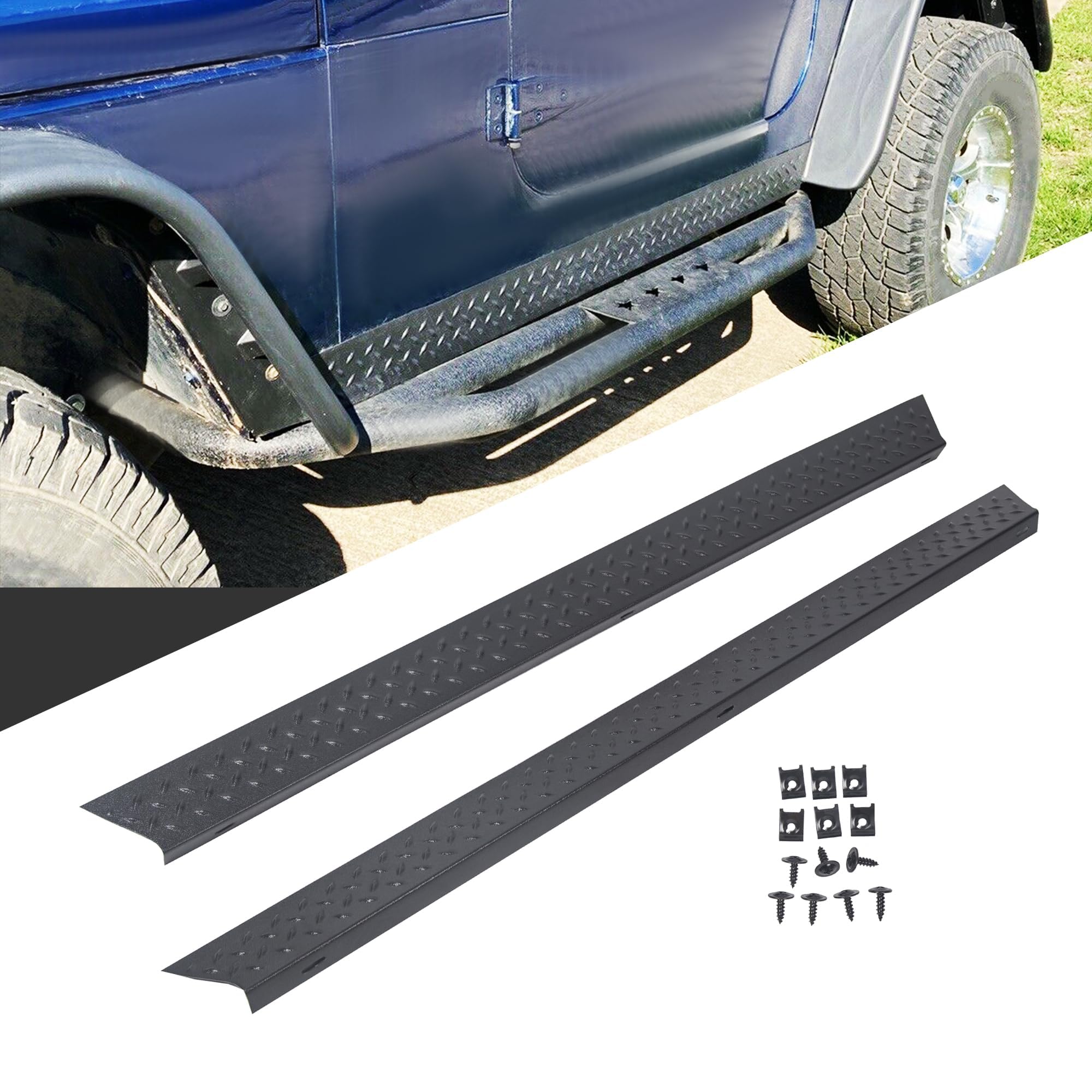 ECOTRIC Side Body Armor Rocker Panel Compatible with 1997-2006 Jeep TJ Wrangler Replacement for 11650.05 Panel Diamond Plate Kit