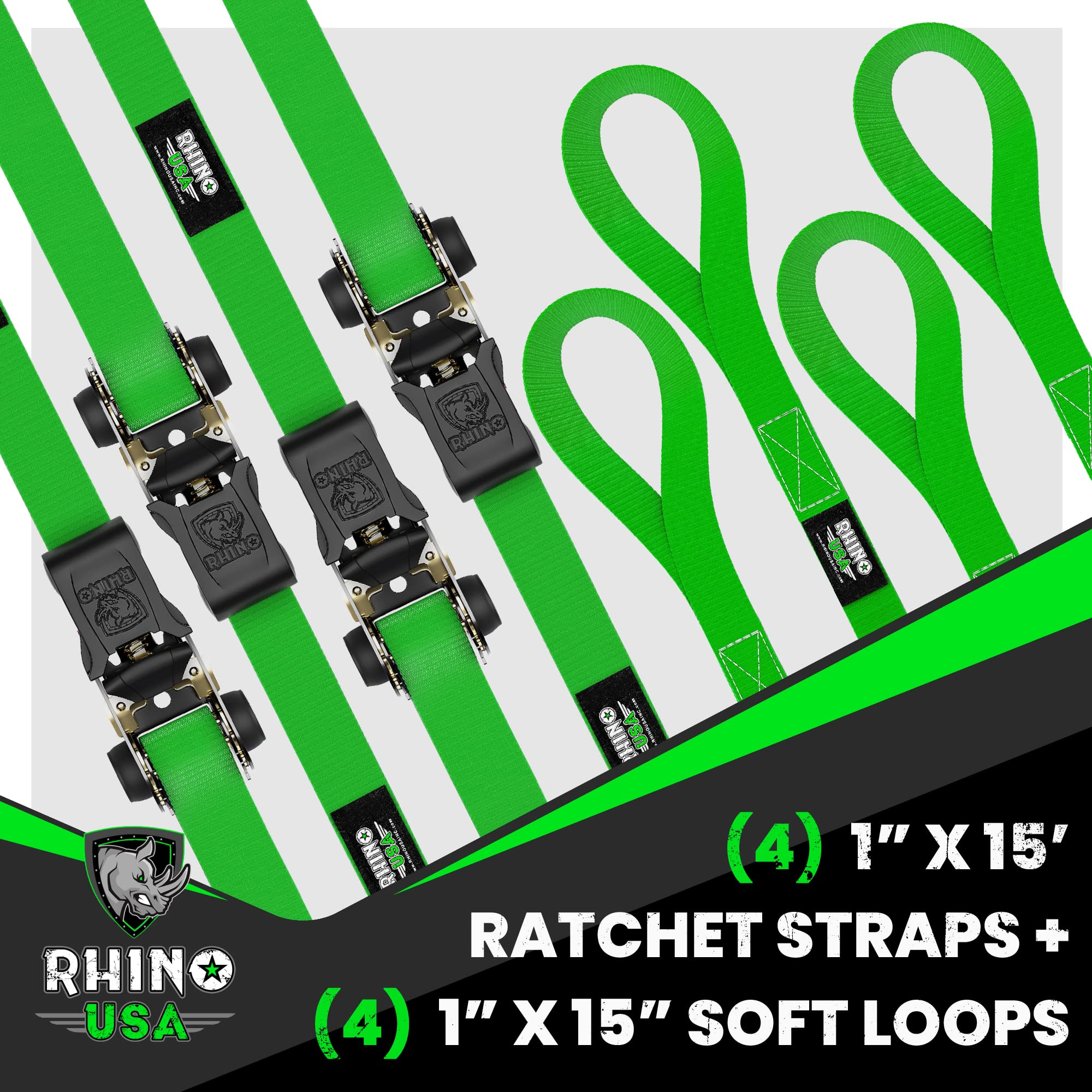Rhino Usa Ratchet Tie Down Straps (4Pk) - Includes (4) Premium 1'' X 15' Rachet Tie Downs With Padded Handles. Best For Moving,