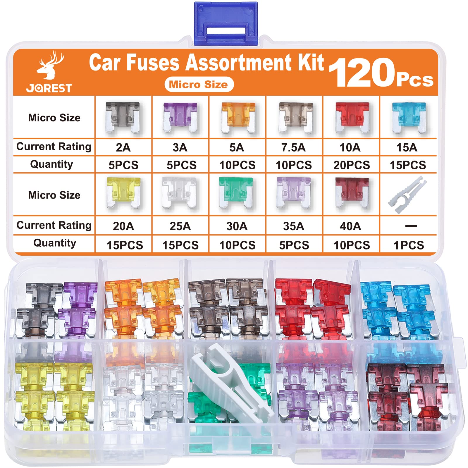 Jorest 120Pcs Micro Fuses, Low Profile Mini Fuse Kit, Micro Fuses Assortment Kit For Car/Rv/Truck/Motor (2Amp 3A 5A 7.5A 10A 15A