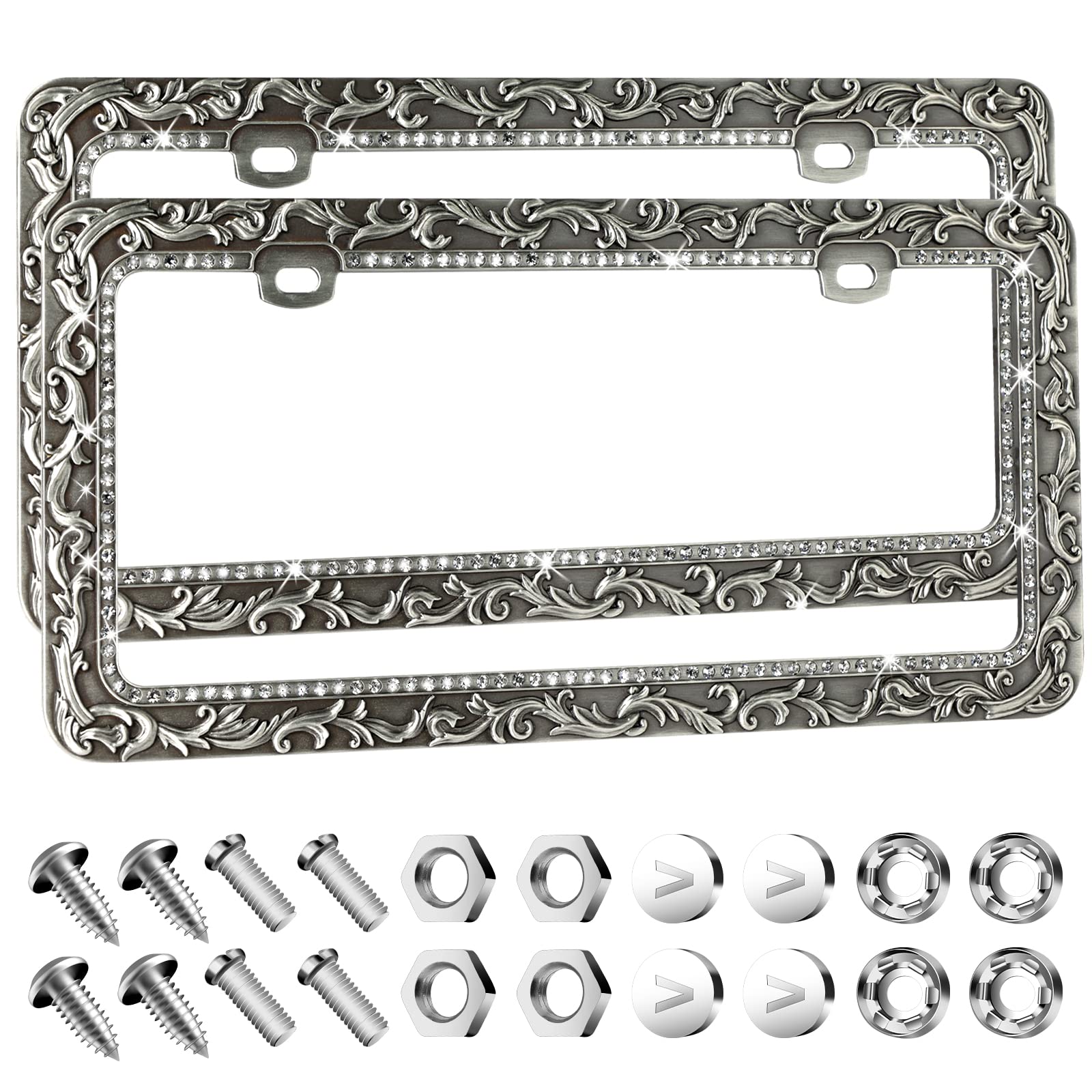 Valor Metal Car License Plate Frames,Antique Old Pattern Printing, Bling Crystal Rhinestones Inlaid,Universal 2 Holes Automotive