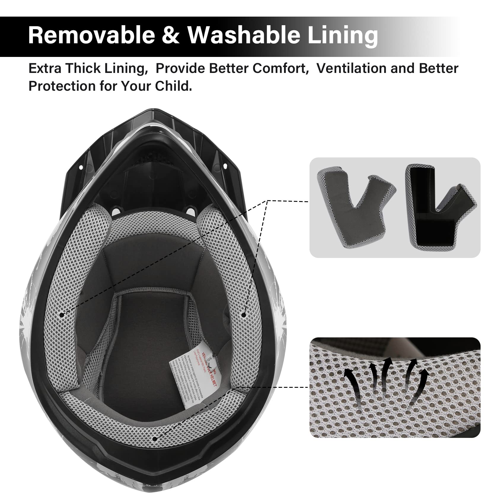 Xfmt Dot Youth Kids Motocross Offroad Street Dirt Bike Helmet Goggles Gloves Atv Mx Helmet, Black White Firework