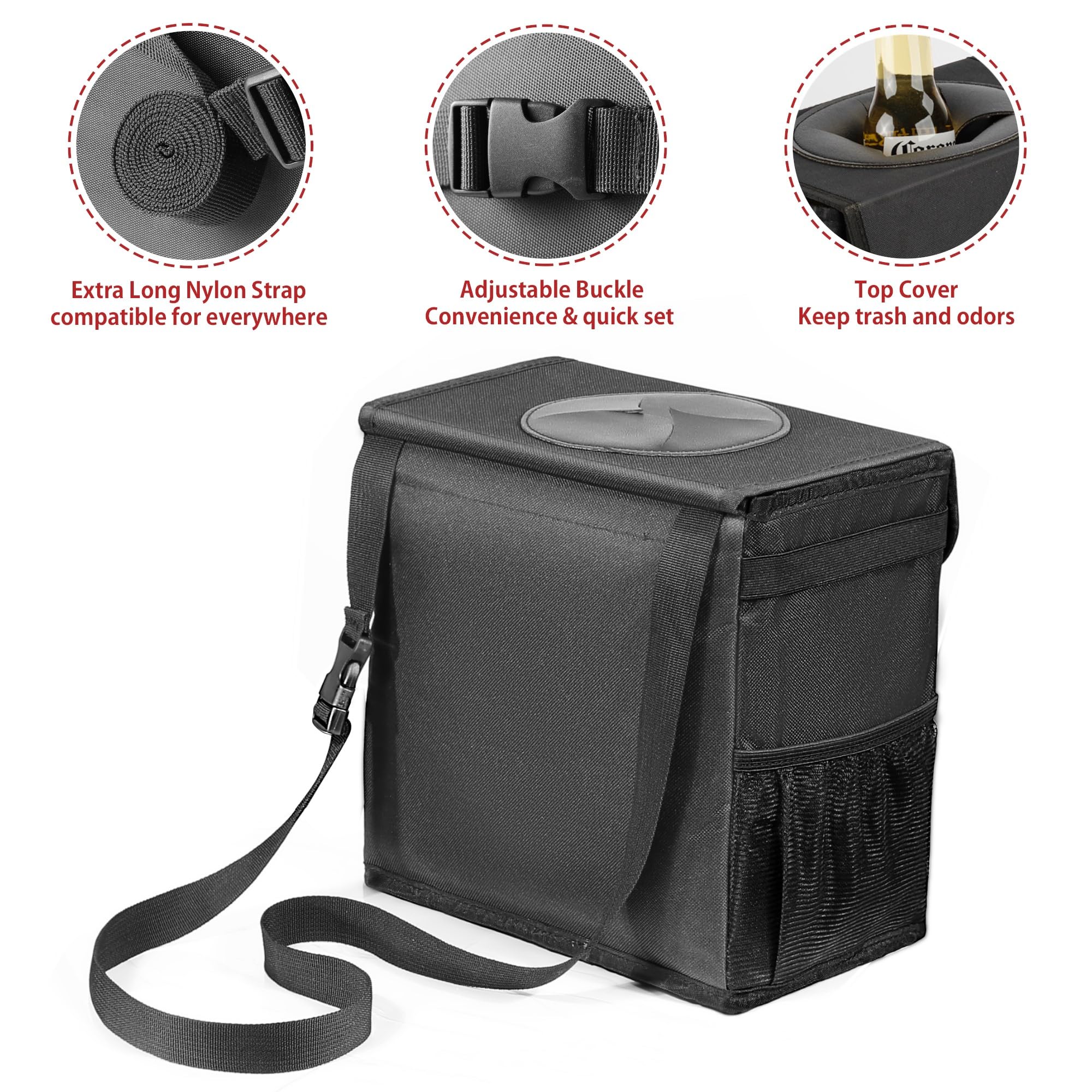 Ryhpez Car Trash Can With Lid - Car Trash Bag Hanging With Storage Pockets Collapsible And Portable Car Garbage Can With Metal R