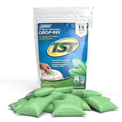 Camco Tst Camper/Rv Toilet Treatment Drop-Ins - Control Unwanted Odors & Break Down Waste And Tissue - Safe Septic Tank Treatment - Fresh Scent, 15-Pack (40264)