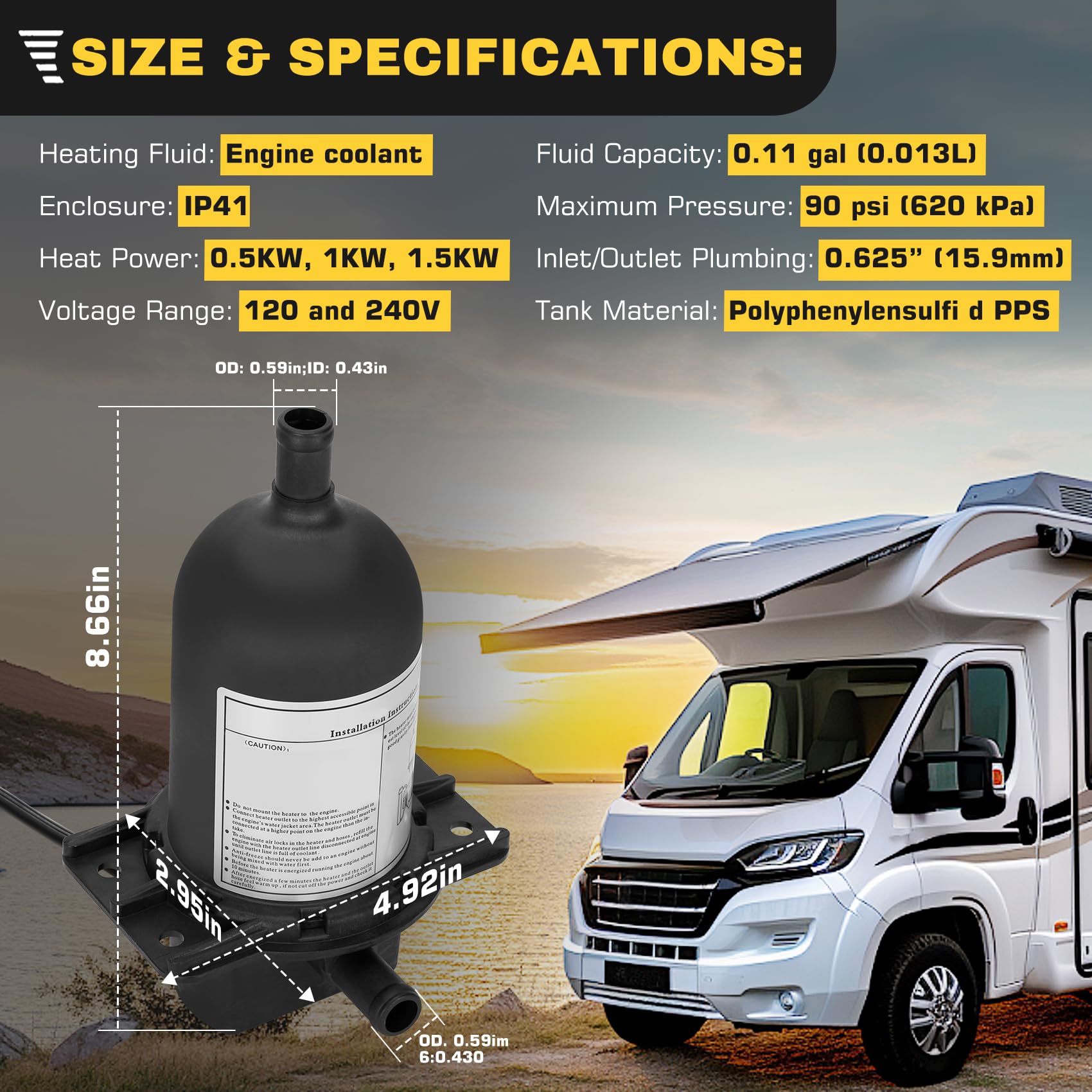 Drkerr TPS151GT10-000 Engine Block Heater compatible with Diesel & Gas engines Generator Tractor Truck Boat, Replace TPS151GT8-0