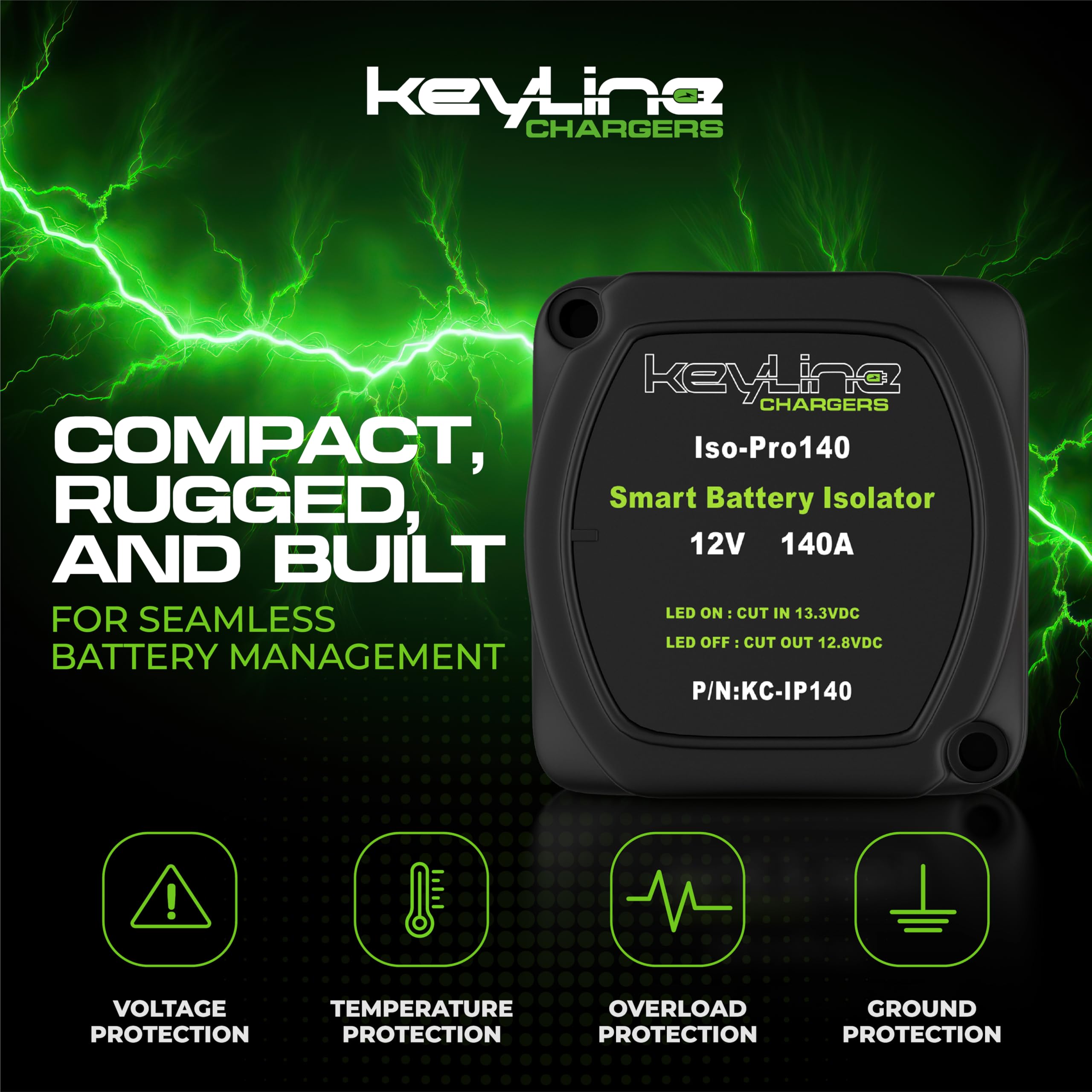 KeyLine Chargers Dual Battery Isolator Kit 12V - 140 Amp VSR Automatic Disconnect Switch - Black for Car, Truck, RV, UTV, ATV, Marine