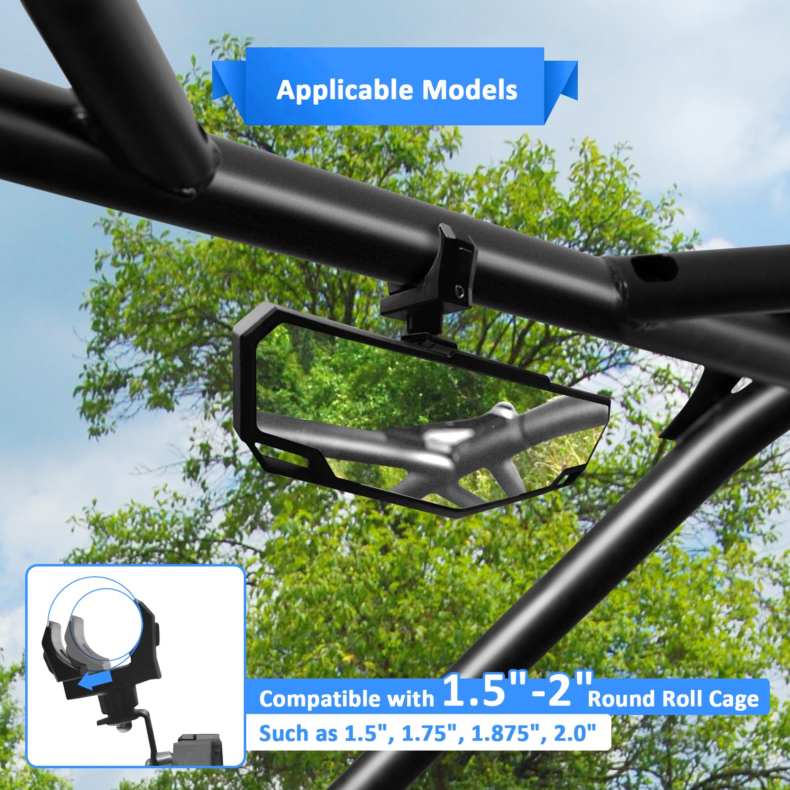 Wsays UTV Center Rear View Mirror Adjustable Angle fits 1.5-2'' Round Roll Bar Rear Center Convex Mirror Compatible with RZR Mav