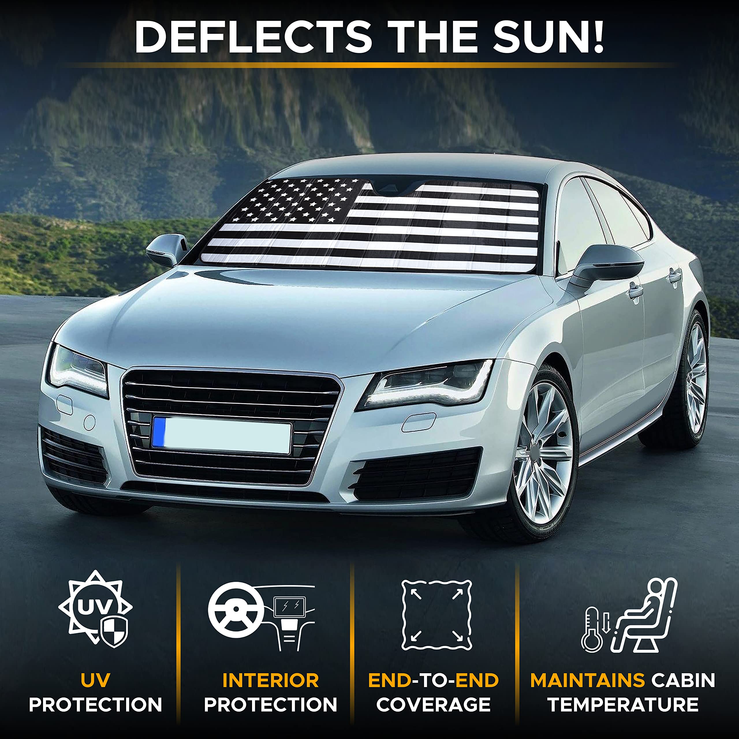 Econour Accordion American Flag Car Sun Shade Windshield | Foldable Car Shield Sun Protector Offers Complete Uv Protection | Reflective Sun Shade Car Lowers Interior Temperature | 58 X 27.5 Inches