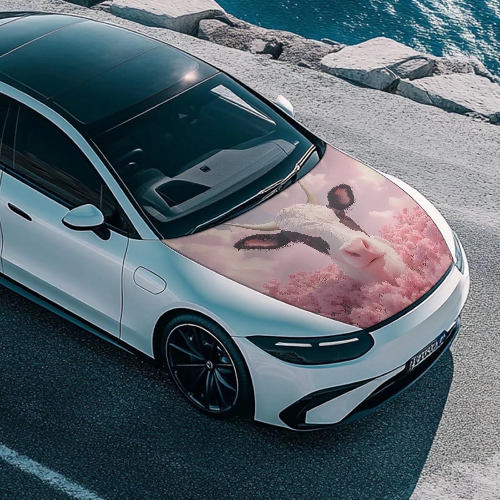 Qiyupavto Pink Flower Cow Print Car Hood Cover, Stretch Fabric Car Hood Protector Washable Universal Auto Exterior Accessorie fo