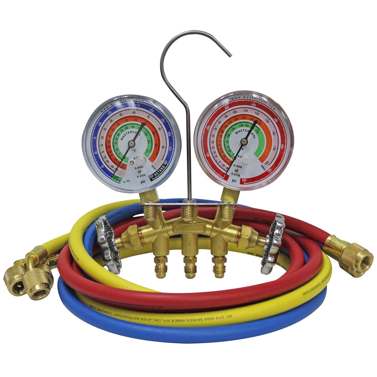 Mastercool 59161 2-Way Heavy Duty Brass Manifold Gauge Set With 3 1/8'' Silicone Dampened Gauges And 1/4'' Sae Fittings For R410