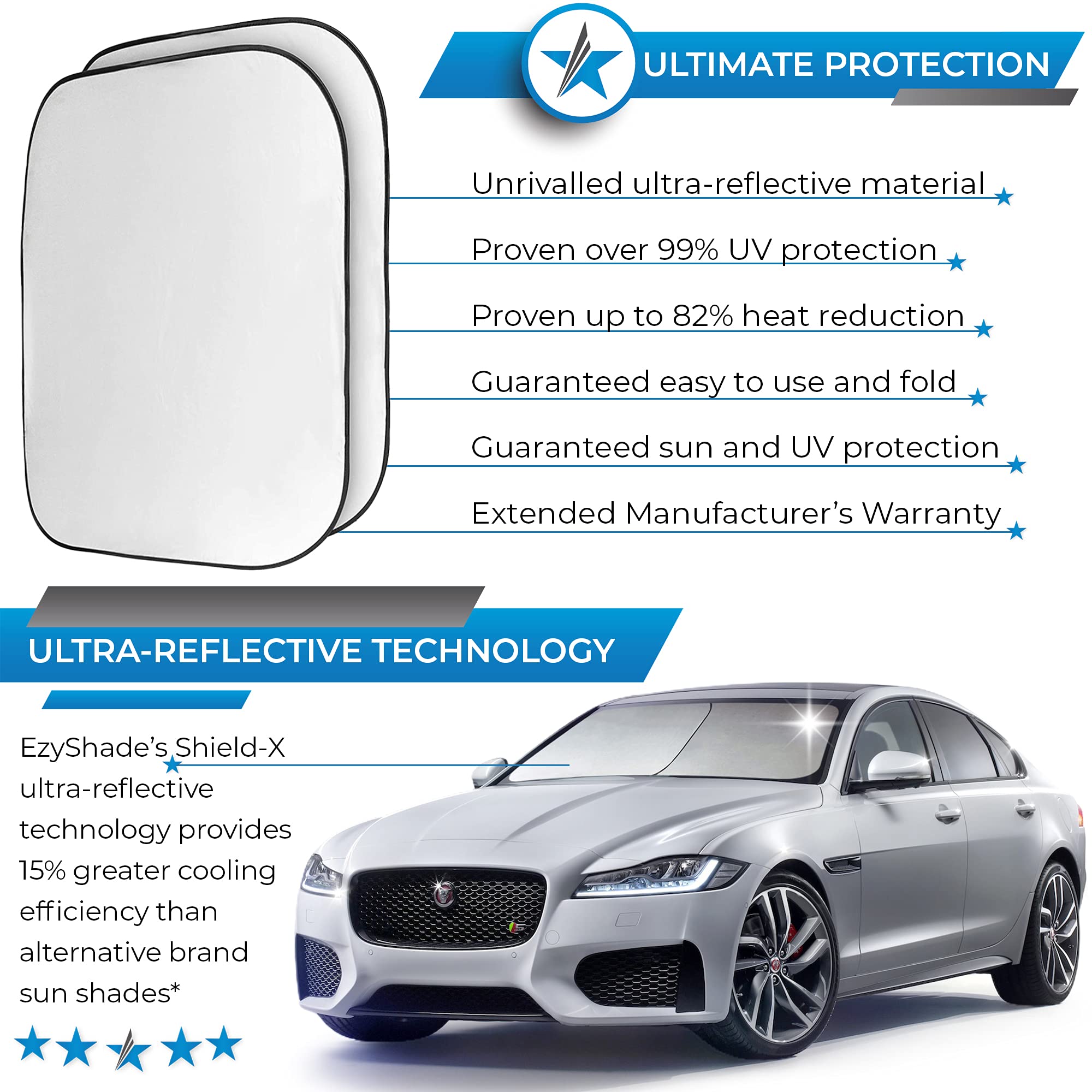 Ezyshade Windshield Sun Shade With Shield-X Reflective Technology. See Vehicle Size-Chart. Foldable Car Sunshade For Front Winds