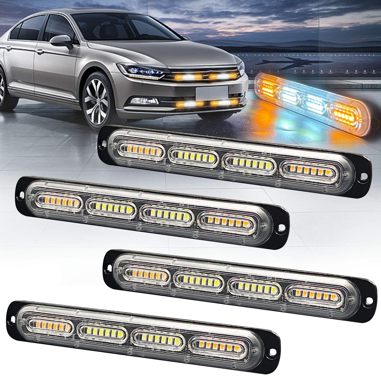 Xtauto Led Emergency Strobe Light 24-Led Amber White Amber Ultra-Thin Surface Mount Flashing Warning Beacon Hazard Construction