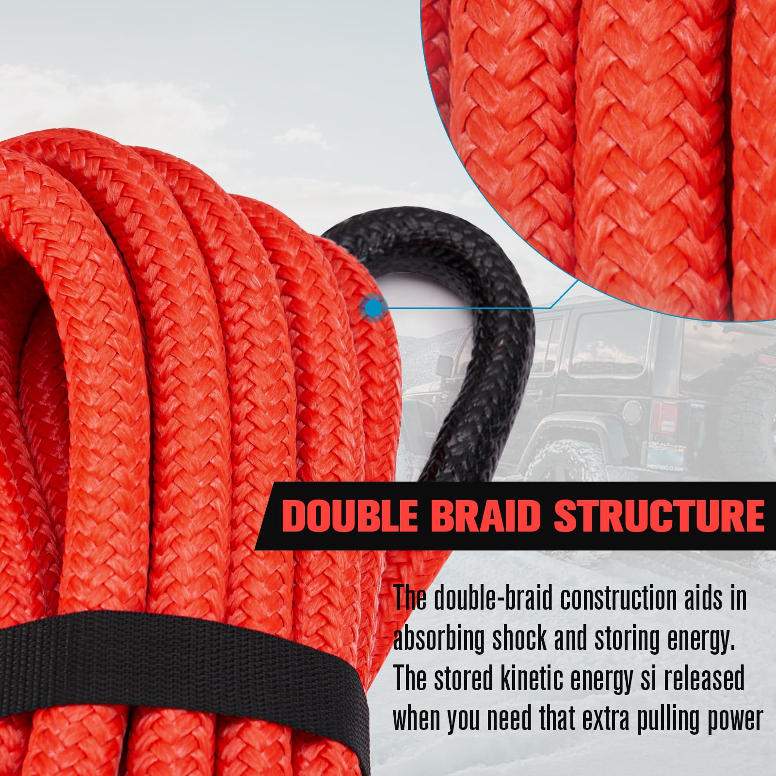 FIERYRED Kinetic Recovery Rope Kit - 7/8" x 20FT Heavy Duty Nylon Tow Rope with 2 Soft Shackles, Red, Model FY-TR2-RED-KIT
