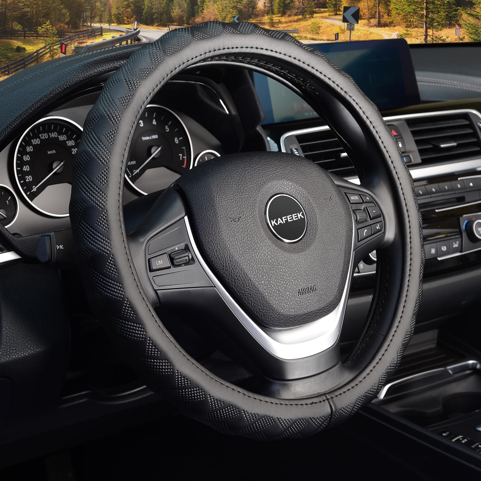 Kafeek Steering Wheel Cover, Universal 15 Inch, Microfiber Leather, Bamboo Weave Style,Breathable Non-Slip,Black