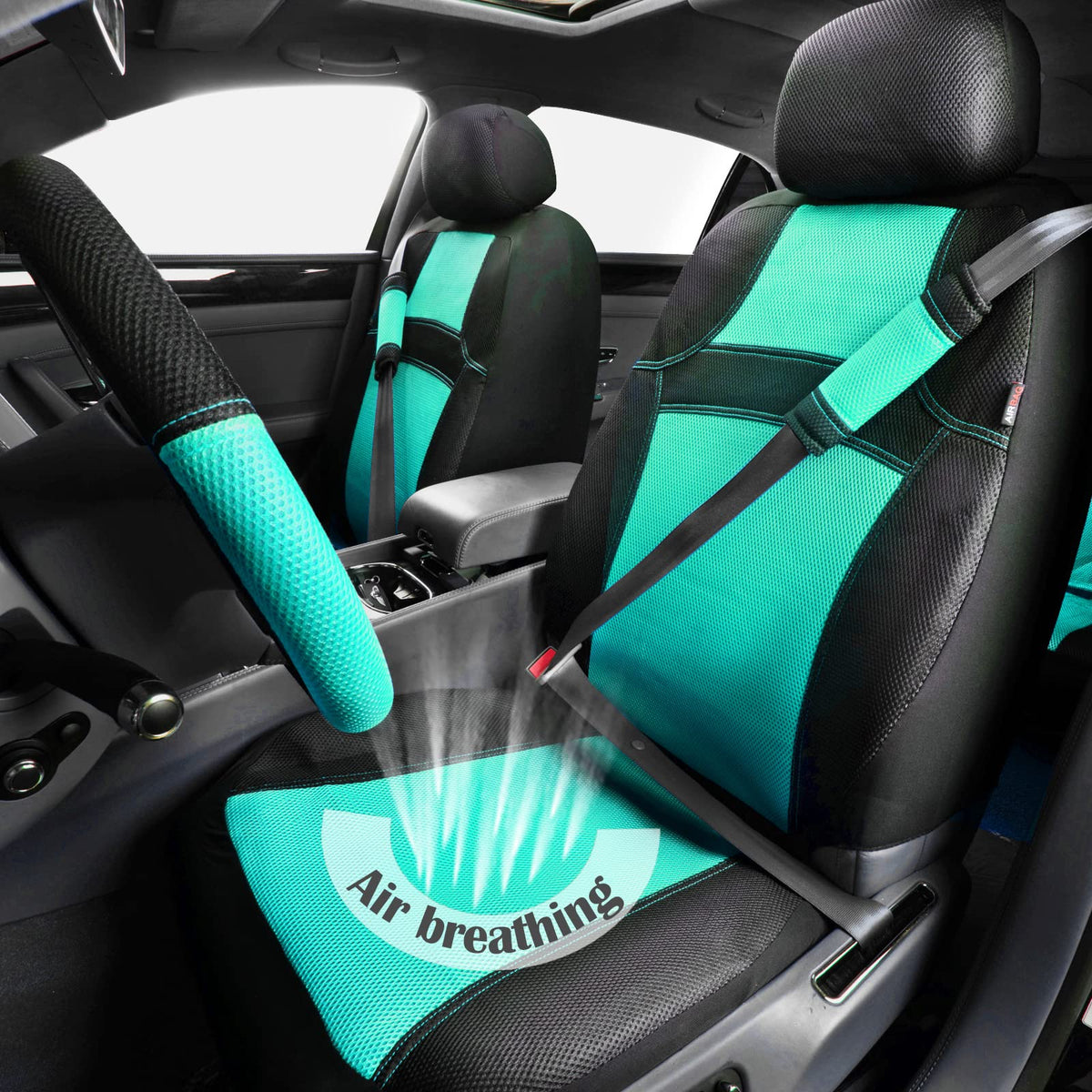 Car Pass Rainbow Cool Universal Fit Two Front 3D Air Mesh Car Seat Cover With Steering Wheel & Blet Cover-Airbag Compatible (Buc