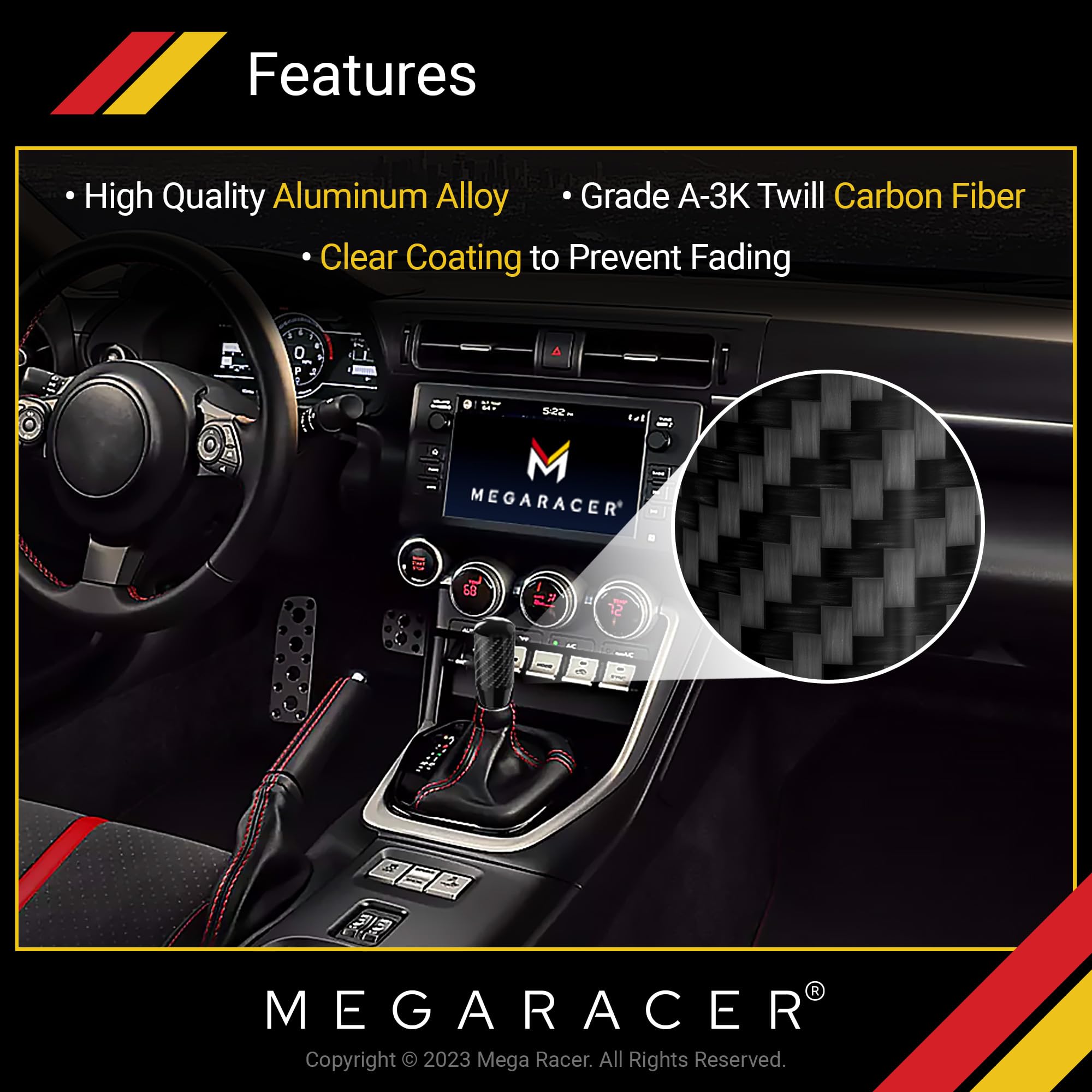 Mega Racer Black Carbon Fiber Shift Knob - Metal Threaded Adapter, Buttonless Automatic, 4 5 6 Speed Manual Transmission, JDM Ca