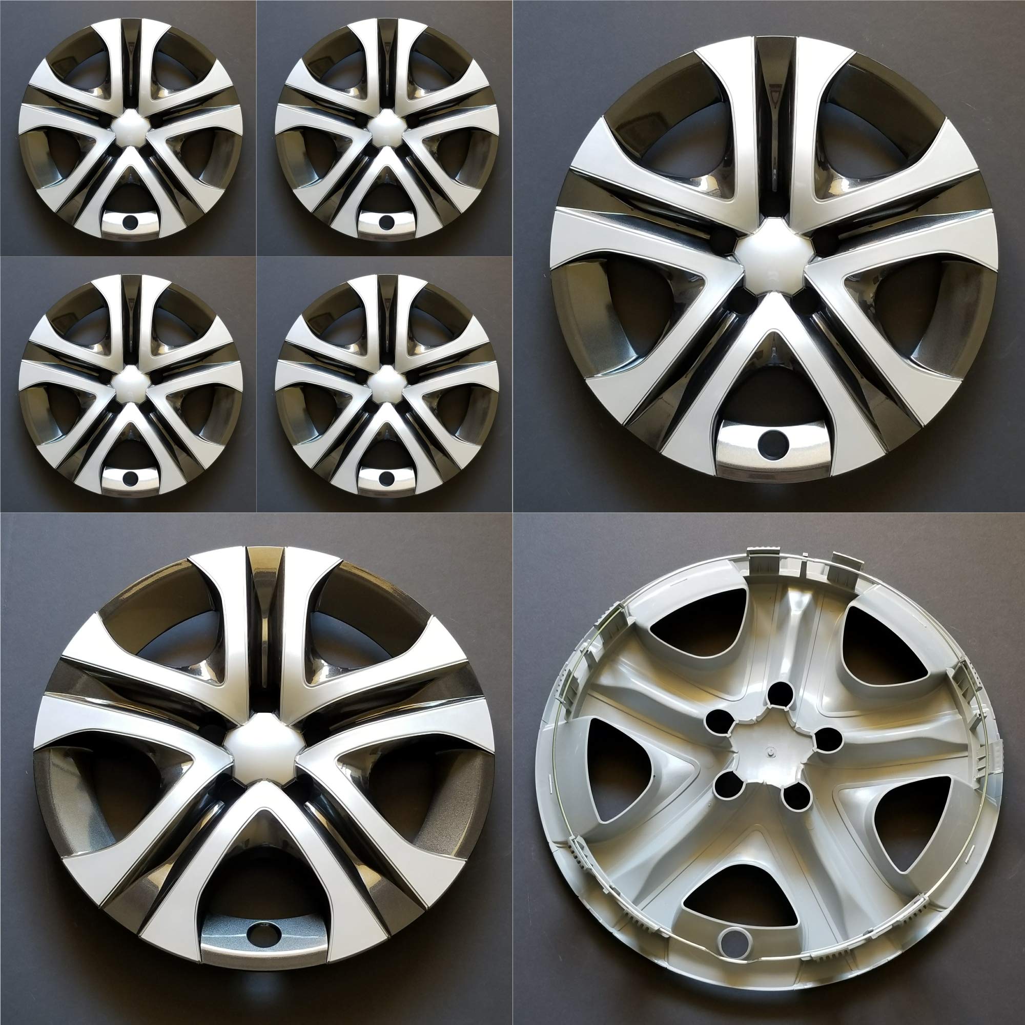 New Wheel Covers Hubcaps Fits 2013-2018 Toyota Rav4; 17 Inch; 5 Spoke; Silver Color/Black; Plastic; Set Of 4